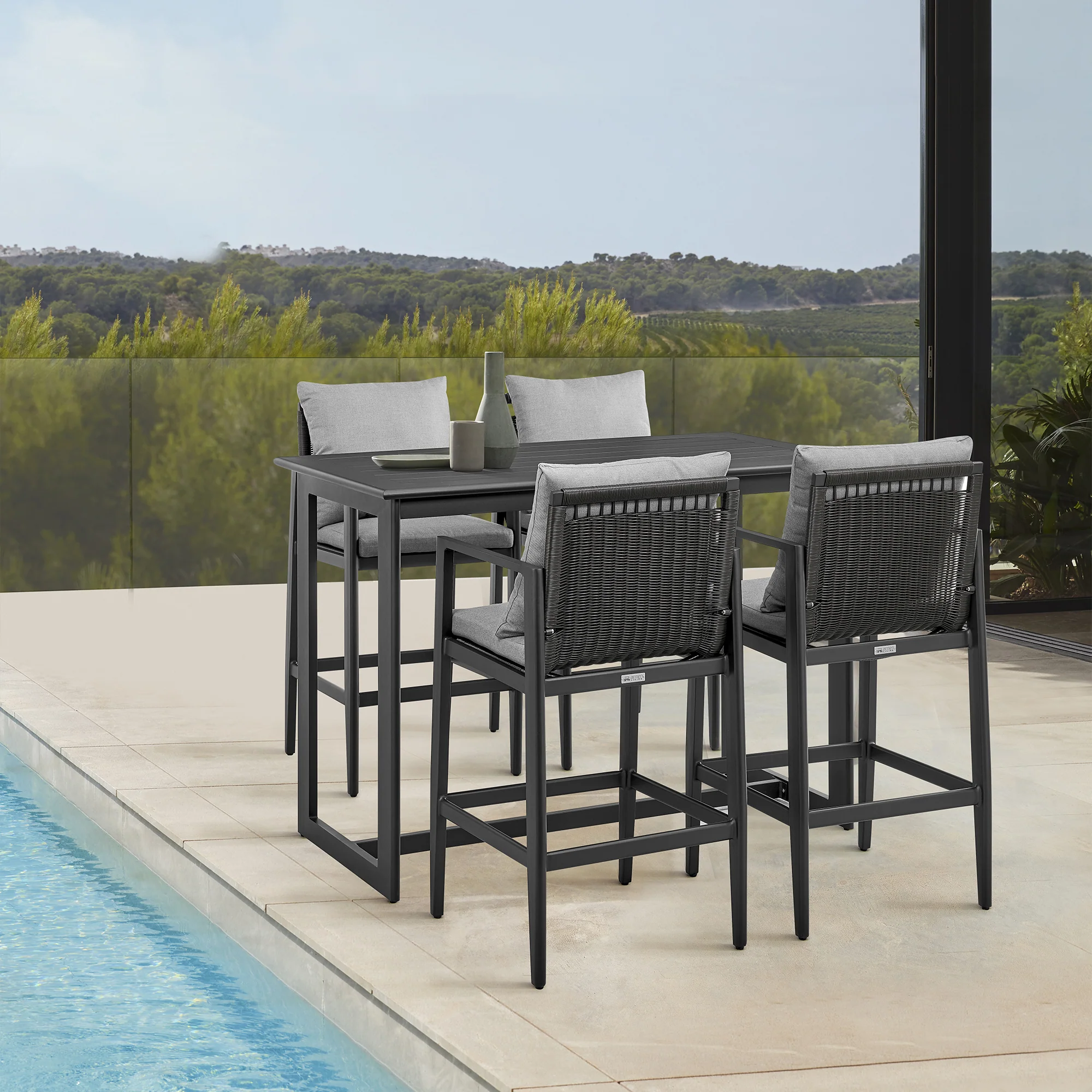Grand Outdoor Patio Counter Height Bar Stool in Aluminum with Grey Cushions By Armen Living - Image 3
