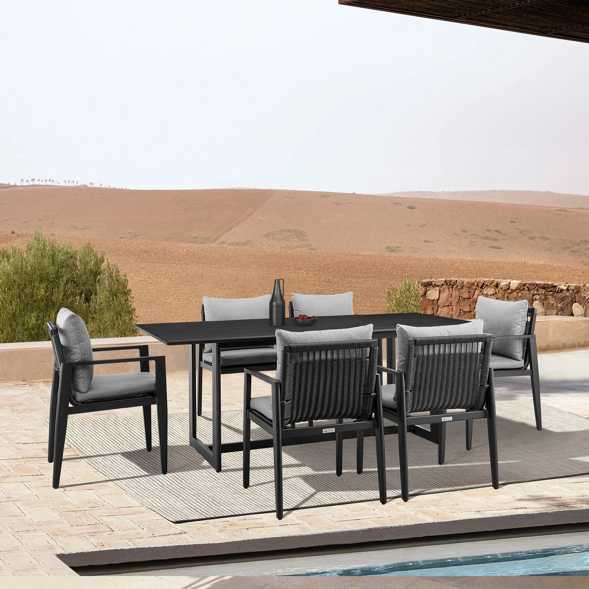 Grand Outdoor Patio Dining Chairs with Arms in Aluminum with Grey Cushions - Set of 2 By Armen Living - Image 3