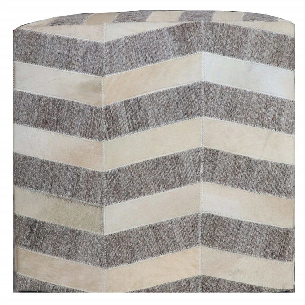 Gray and Beige Hair on Hide Cube Chevron Pouf Ottoman By Homeroots - Image 3