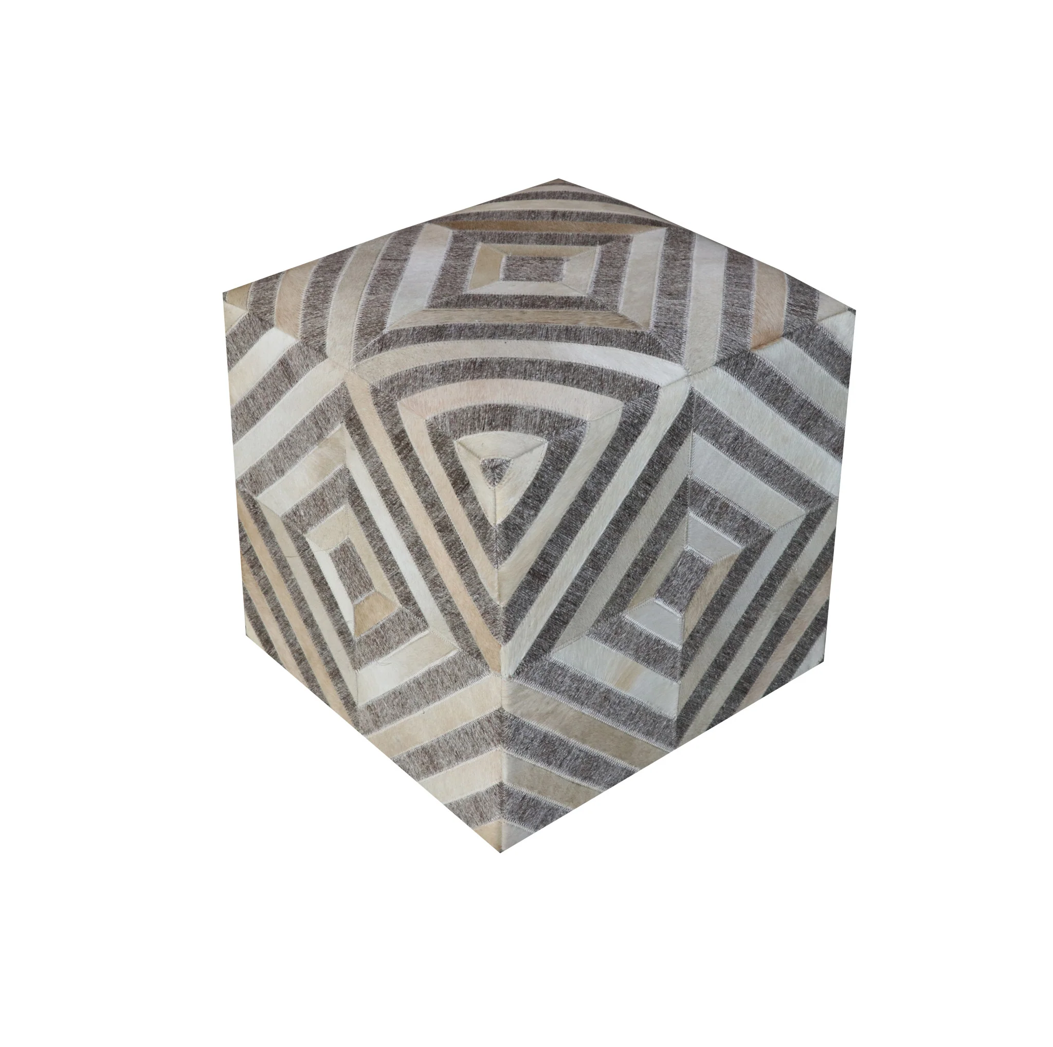 Gray and Beige Hair on Hide Cube Geometric Pouf Ottoman By Homeroots - Image 2