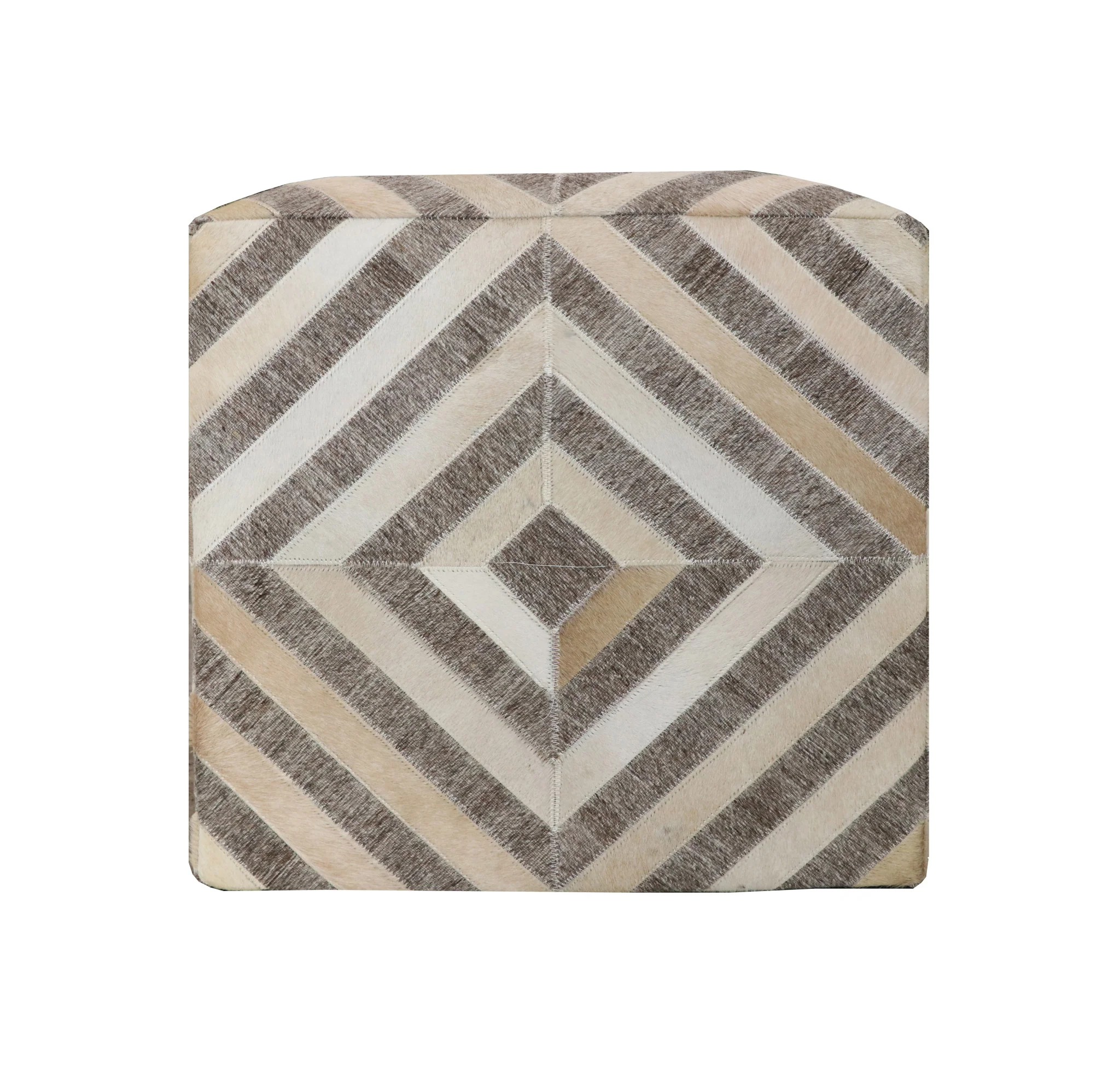 Gray and Beige Hair on Hide Cube Geometric Pouf Ottoman By Homeroots - Image 3