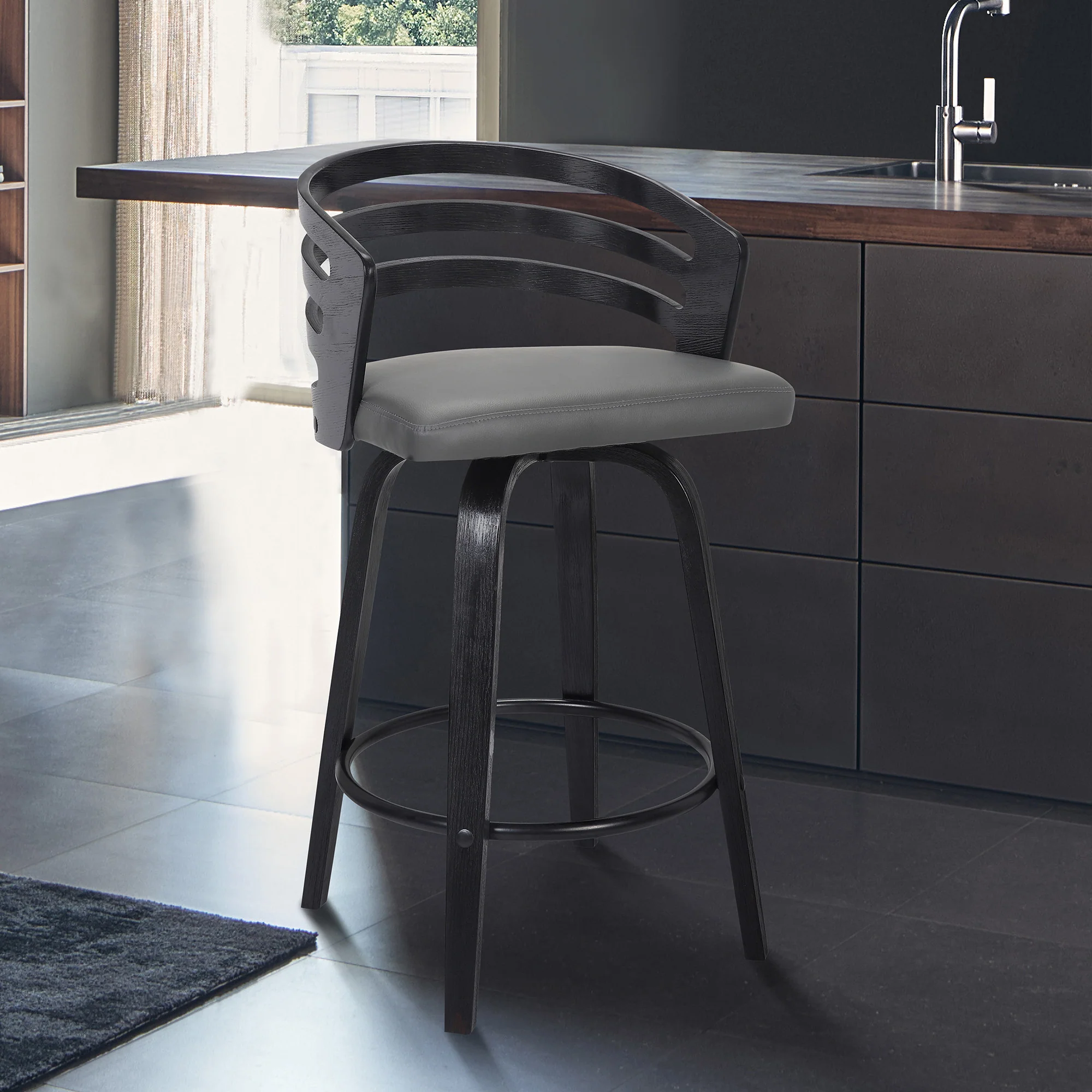 Gray and Black Fabric and Iron Low Back Counter Height Swivel Bar Chair By Homeroots - Image 8