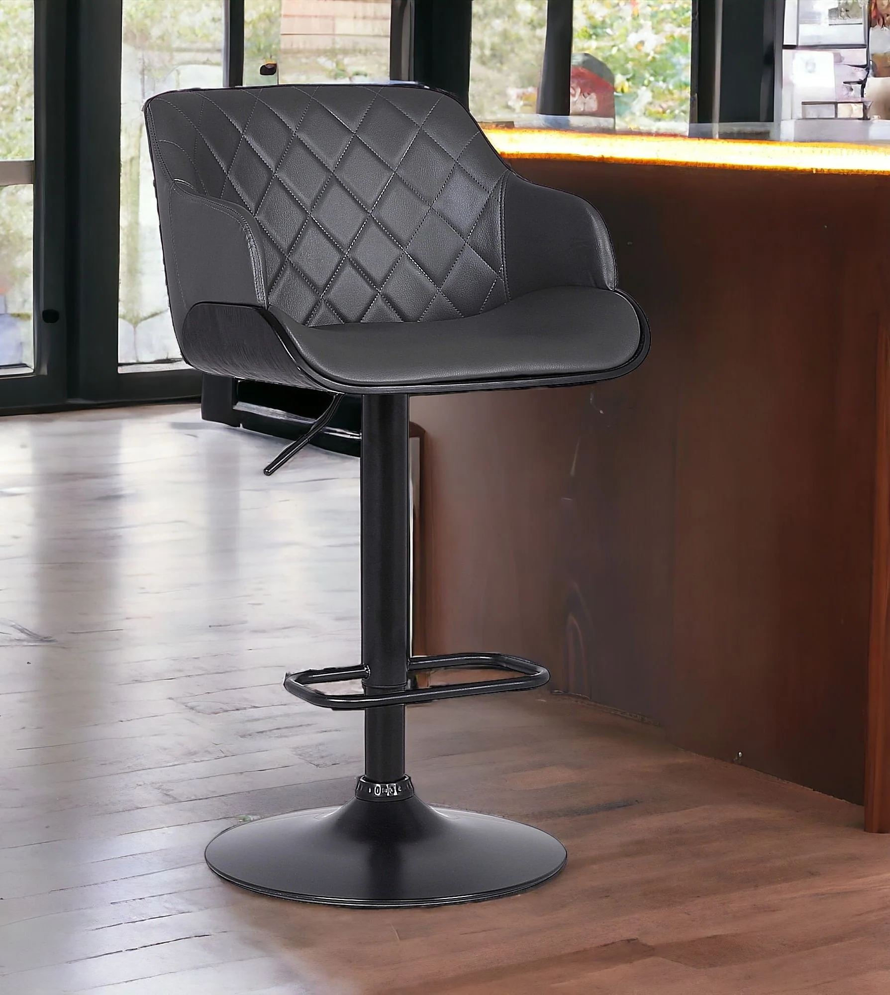 Gray and Black Faux Leather and Iron Low Back Adjustable Height Swivel Bar Chair By Homeroots - Image 7