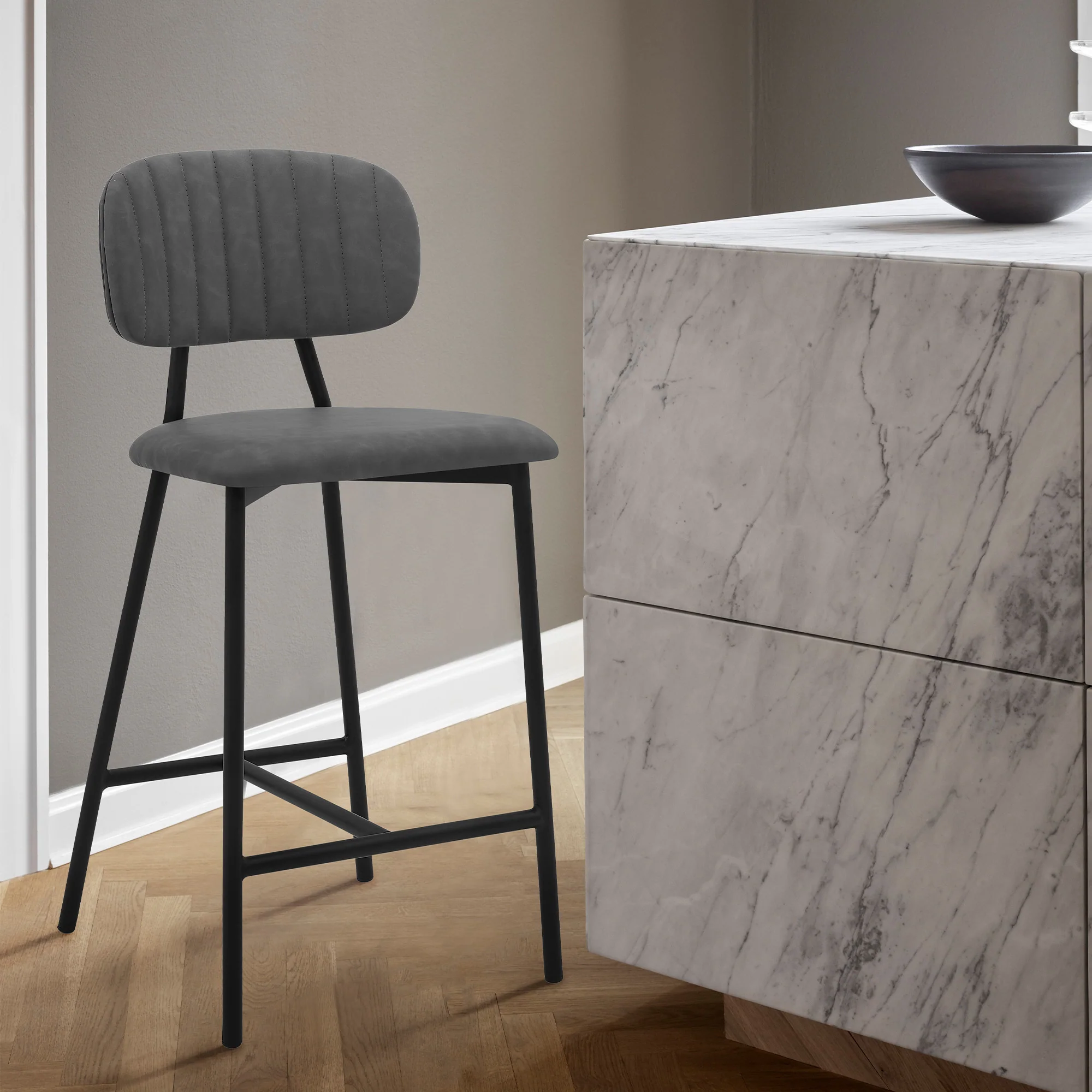 Gray and Black Faux Leather and Iron Low Back Counter Height Bar Chair By Homeroots - Image 2