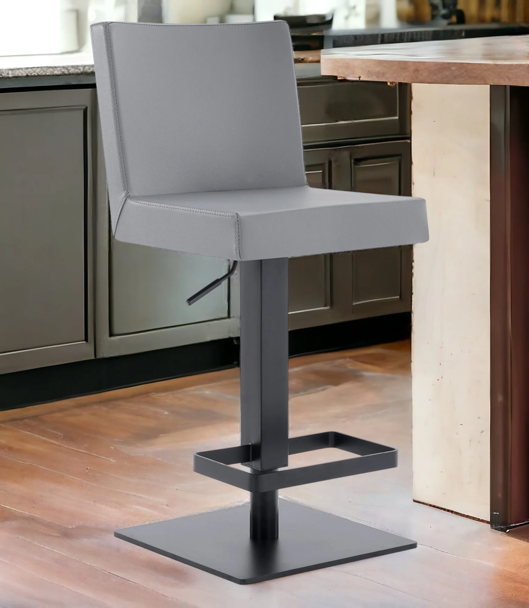 Gray And Black Faux Leather And Iron Swivel Adjustable Height Bar Chair By Homeroots - Image 4