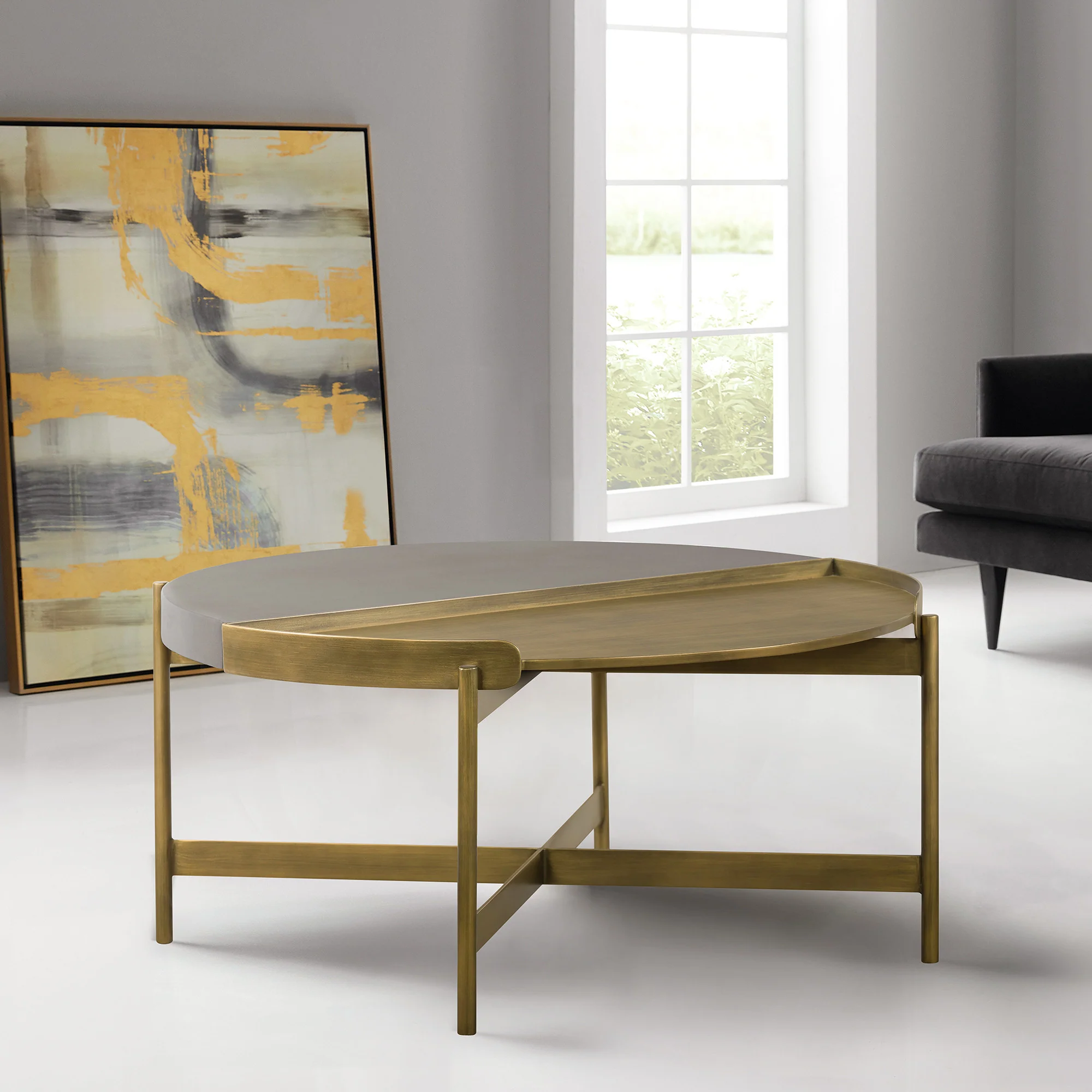 Gray And Brass Concrete And Metal Round Coffee Table By Homeroots - Image 6