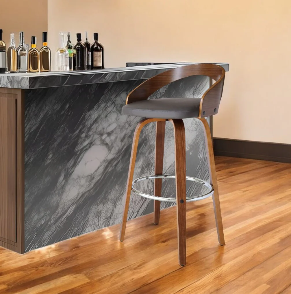 Gray and Brown Faux Leather and Iron Low Back Bar Height Swivel Bar Chair By Homeroots - Image 2