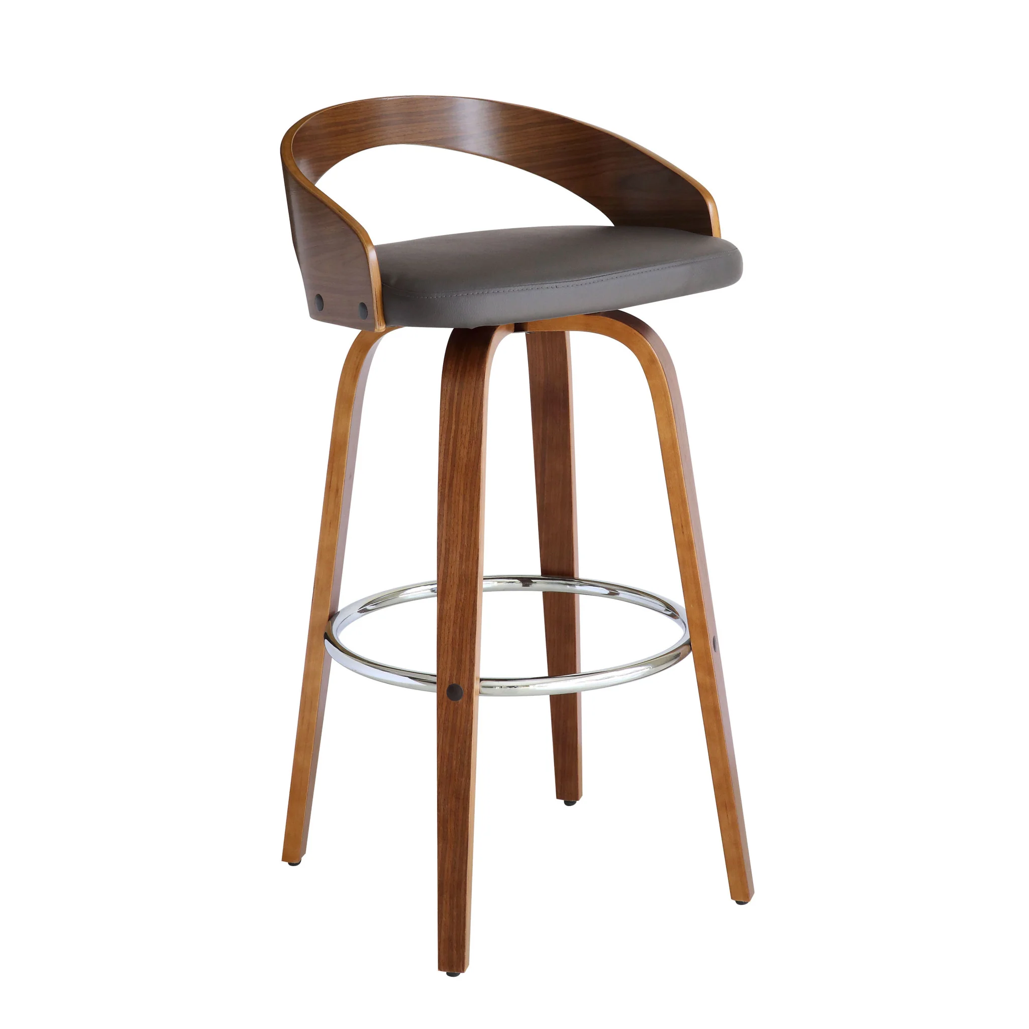 Gray and Brown Faux Leather and Iron Low Back Bar Height Swivel Bar Chair By Homeroots - Image 3