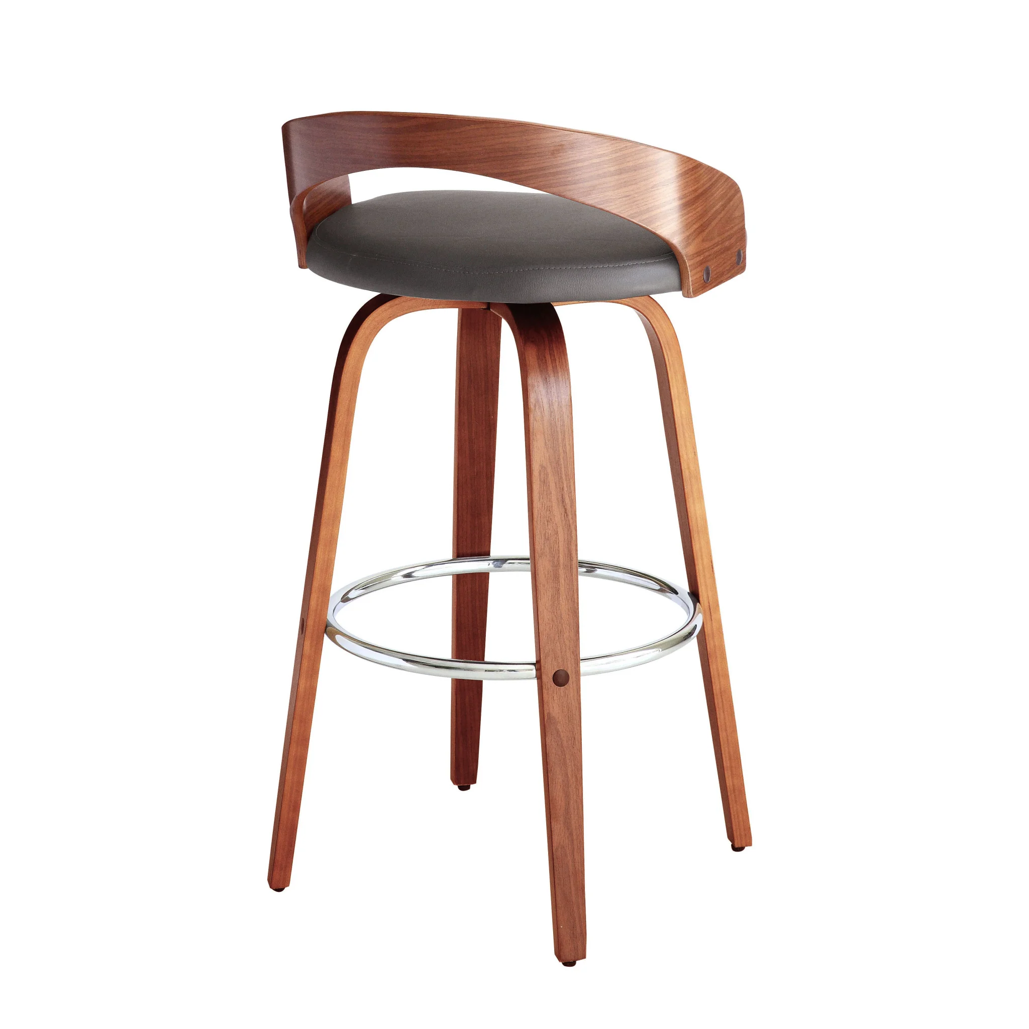Gray and Brown Faux Leather and Iron Low Back Bar Height Swivel Bar Chair By Homeroots - Image 6
