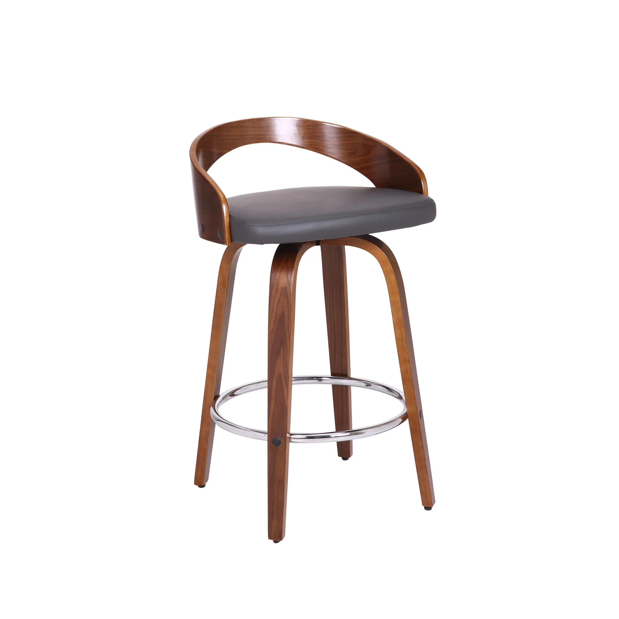 Gray and Brown Faux Leather and Iron Low Back Counter Height Swivel Bar Chair By Homeroots - Image 3