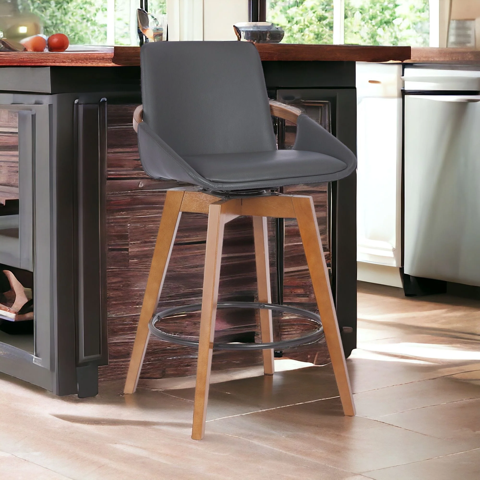 Gray And Brown Iron Swivel Counter Height Bar Chair By Homeroots - Image 3