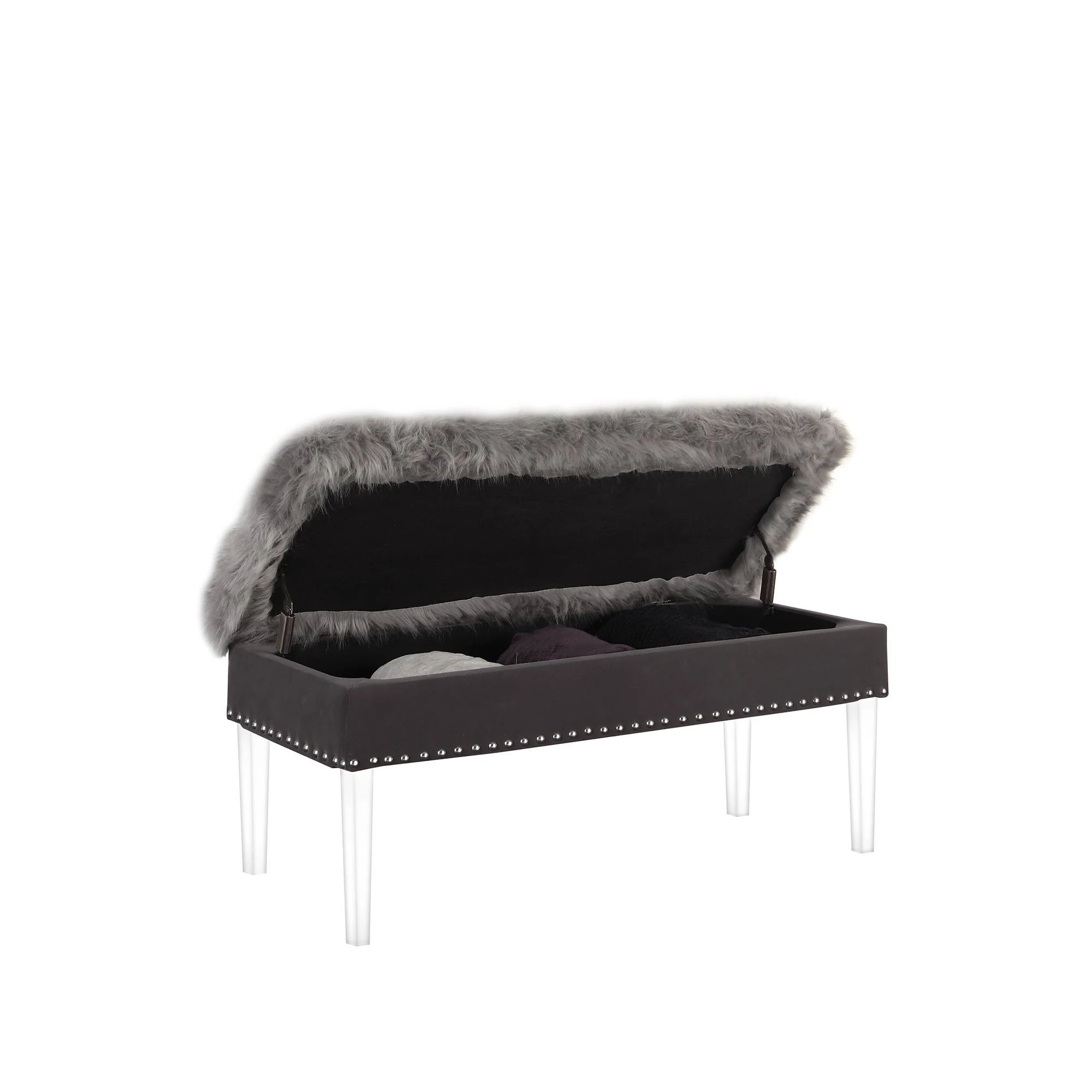 Gray and Clear Faux Fur Upholstered Storage Bench with Flip Top By Homeroots - Image 3