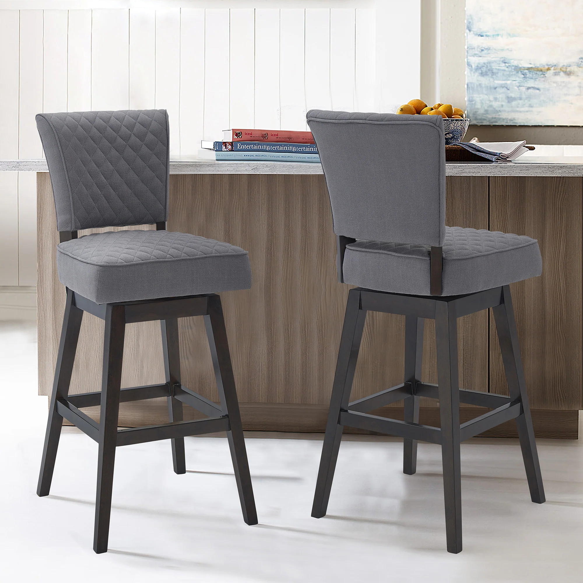 Gray and Espresso Fabric and Solid Wood Counter Height Swivel Bar Chair By Homeroots - Image 6