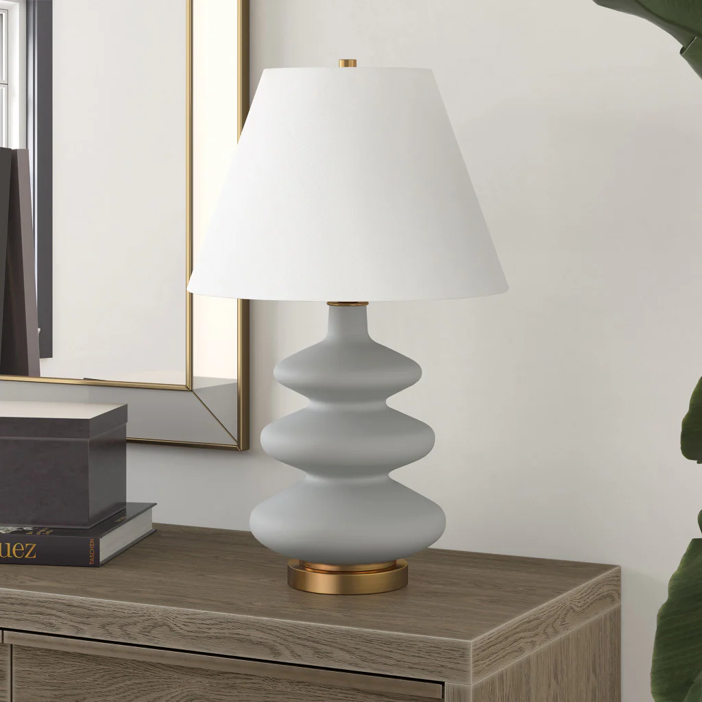 Gray and Gold Glass Gourd Table Lamp With White Empire Shade By Homeroots - Image 2