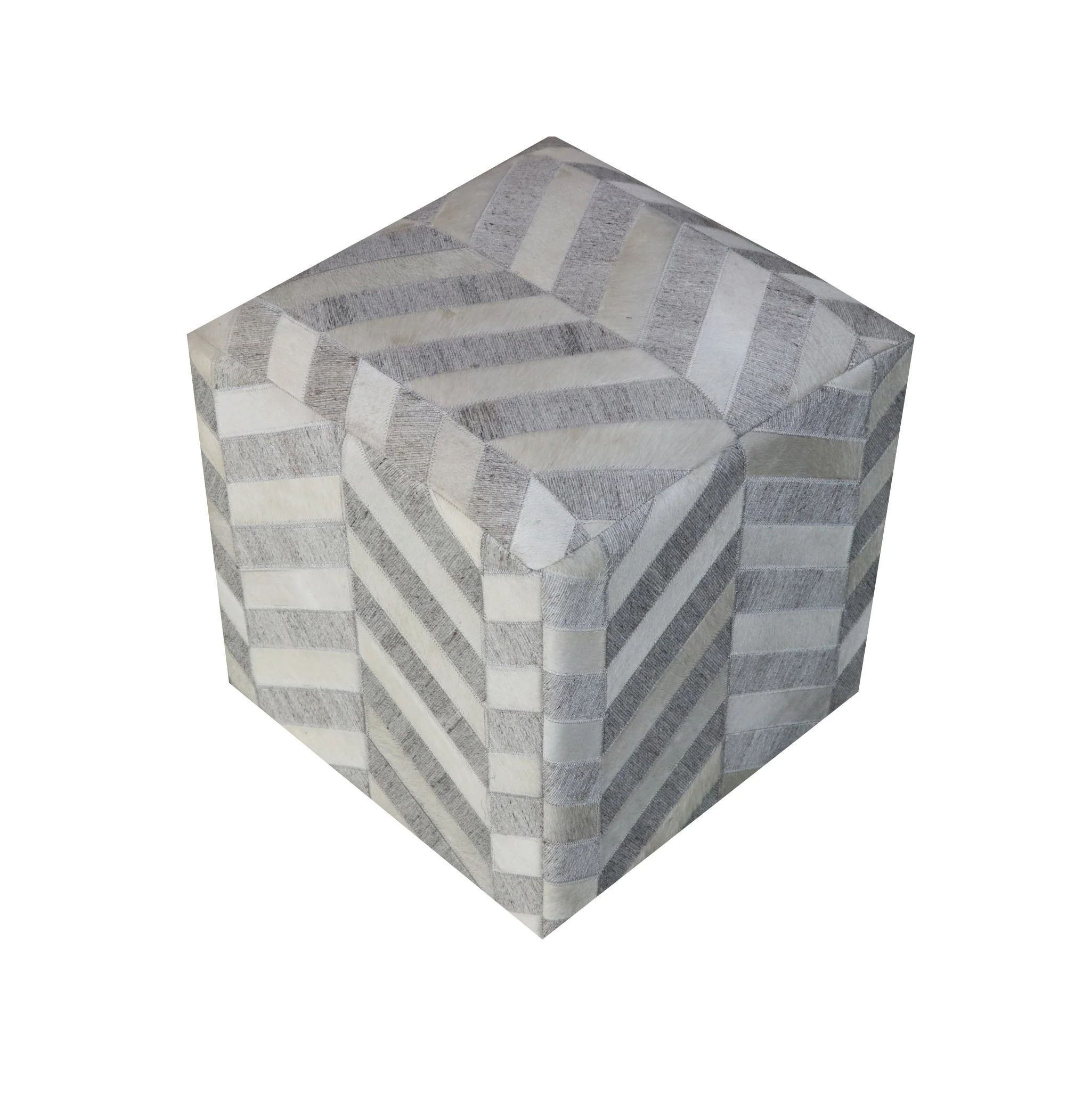Gray and Ivory Hair on Hide Cube Chevron Pouf Ottoman By Homeroots - Image 2