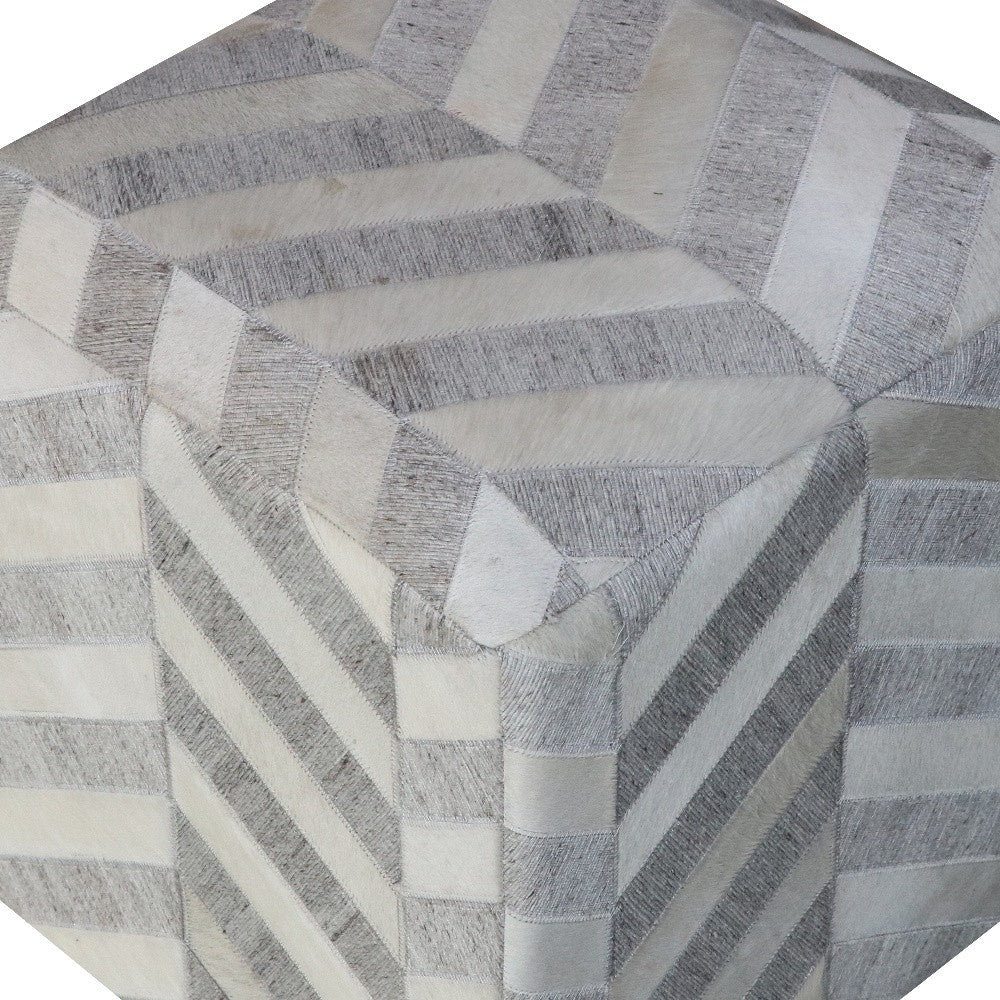 Gray and Ivory Hair on Hide Cube Chevron Pouf Ottoman By Homeroots - Image 5