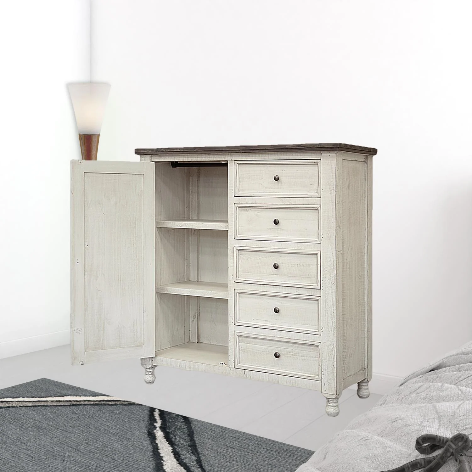 Gray and Ivory Solid Wood Five Drawer Gentlemans Chest By Homeroots - Image 3