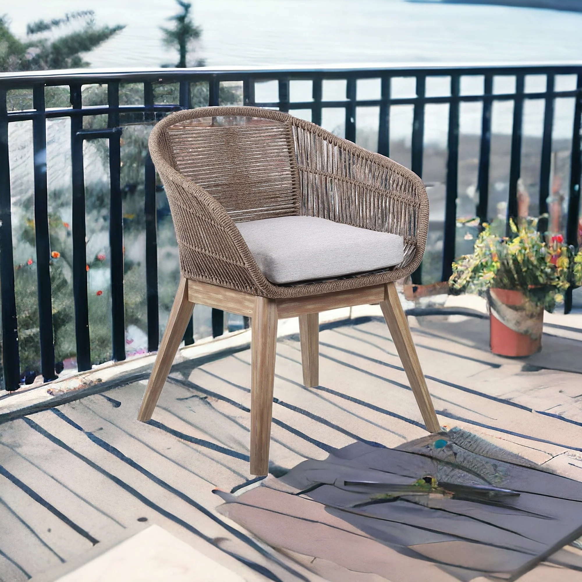 Gray and Natural Wood Solid Wood Outdoor Dining Chair with Gray Cushion By Homeroots - Image 2
