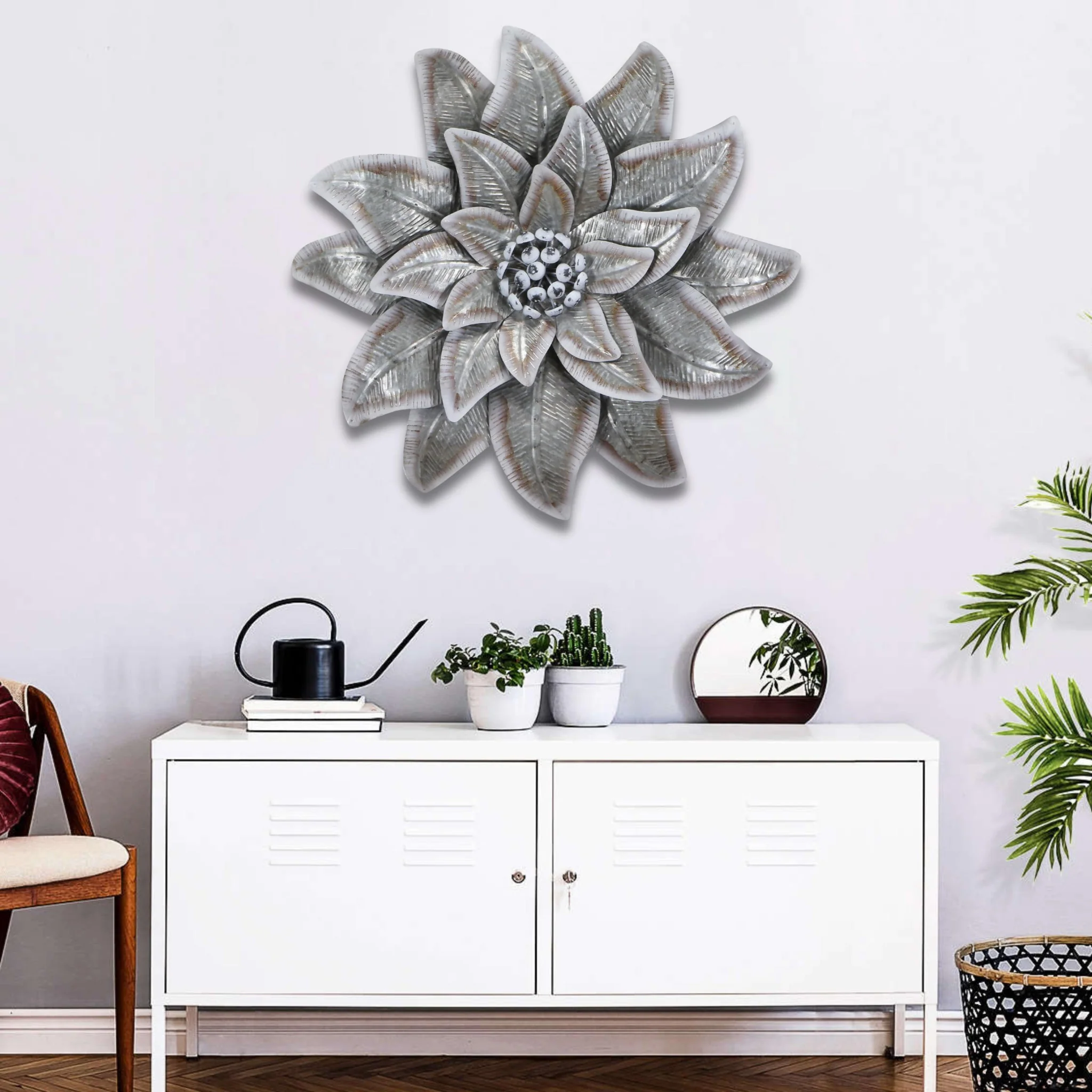 Gray and Off White Galvanized Metal Flower Hanging Dimensional Sculpture By Homeroots - Image 5