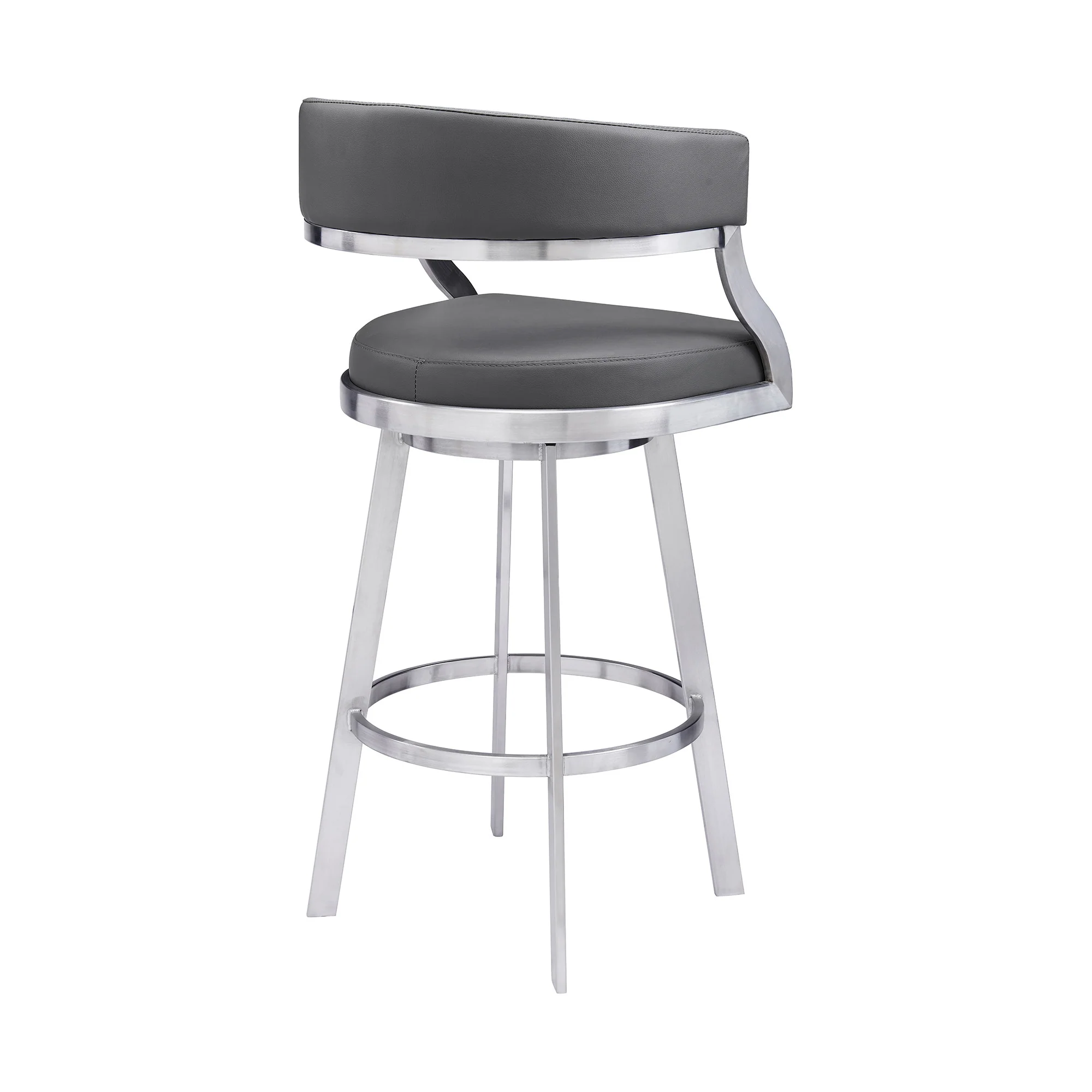 Gray and Silver Faux Leather and Iron Low Back Bar Height Swivel Bar Chair By Homeroots - Image 3