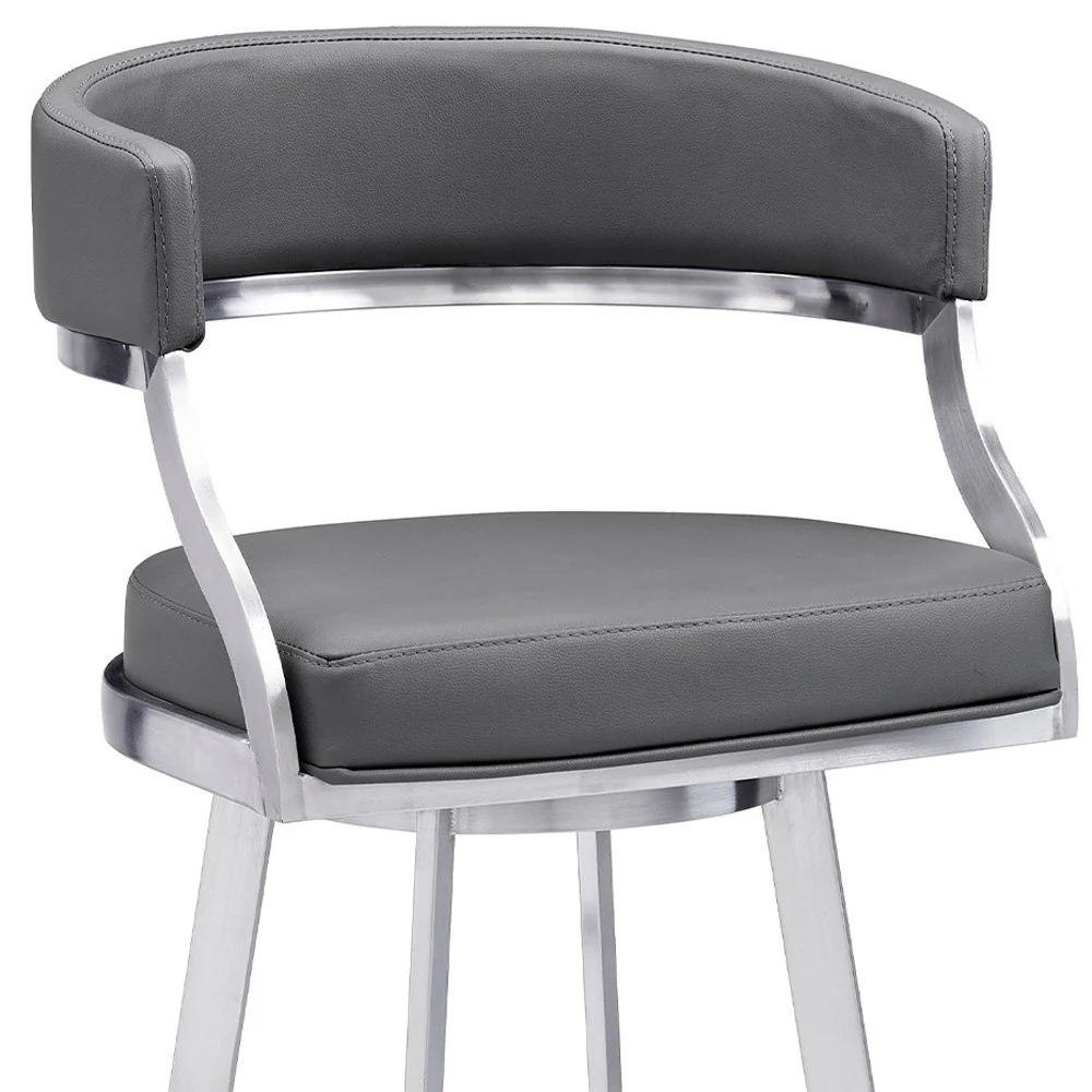 Gray and Silver Faux Leather and Iron Low Back Bar Height Swivel Bar Chair By Homeroots - Image 6