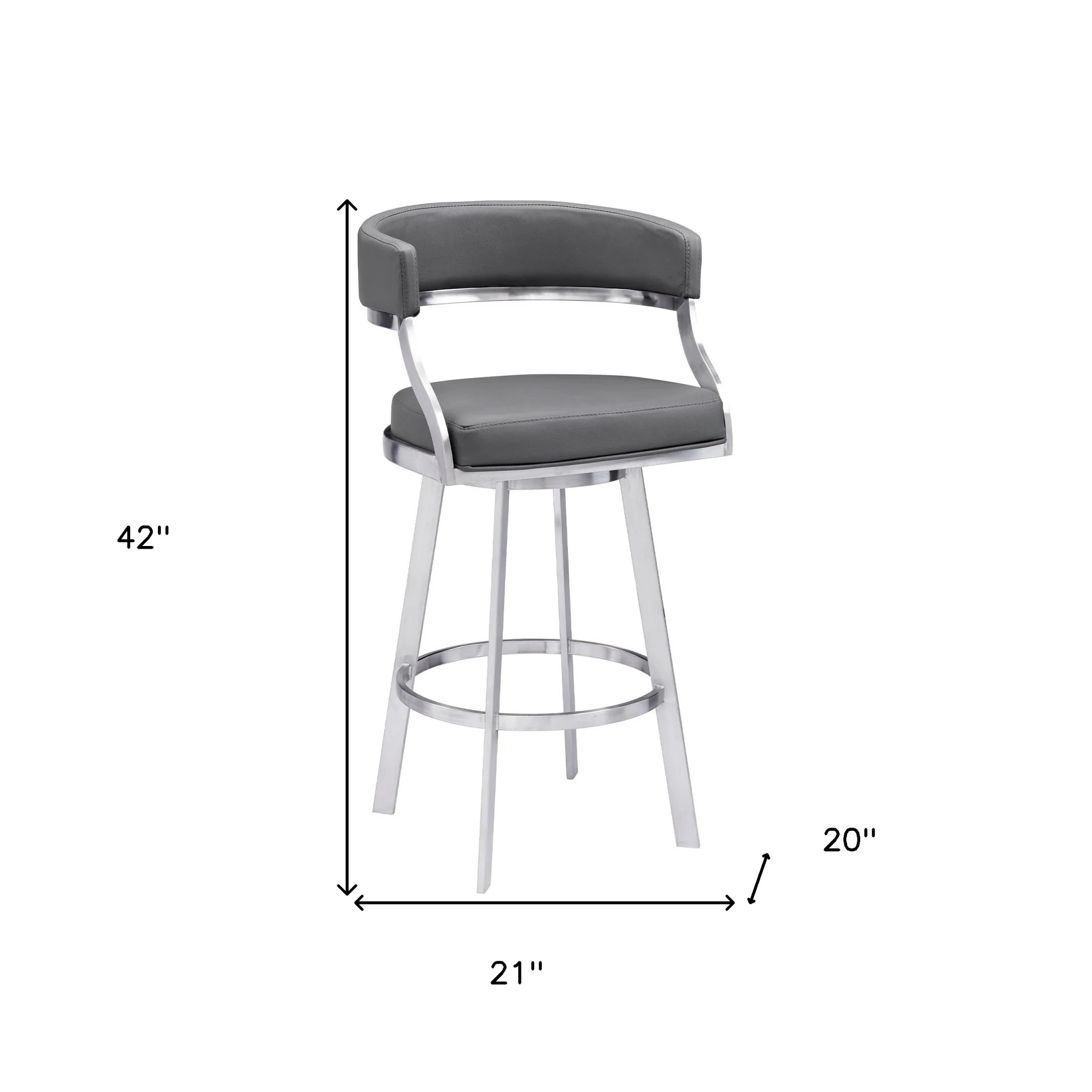 Gray and Silver Faux Leather and Iron Low Back Bar Height Swivel Bar Chair By Homeroots - Image 7