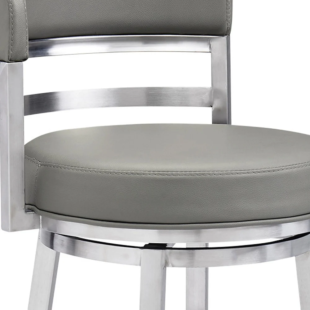 Gray And Silver Faux Leather And Iron Swivel Low Back Bar Height Bar Chair By Homeroots - Image 7