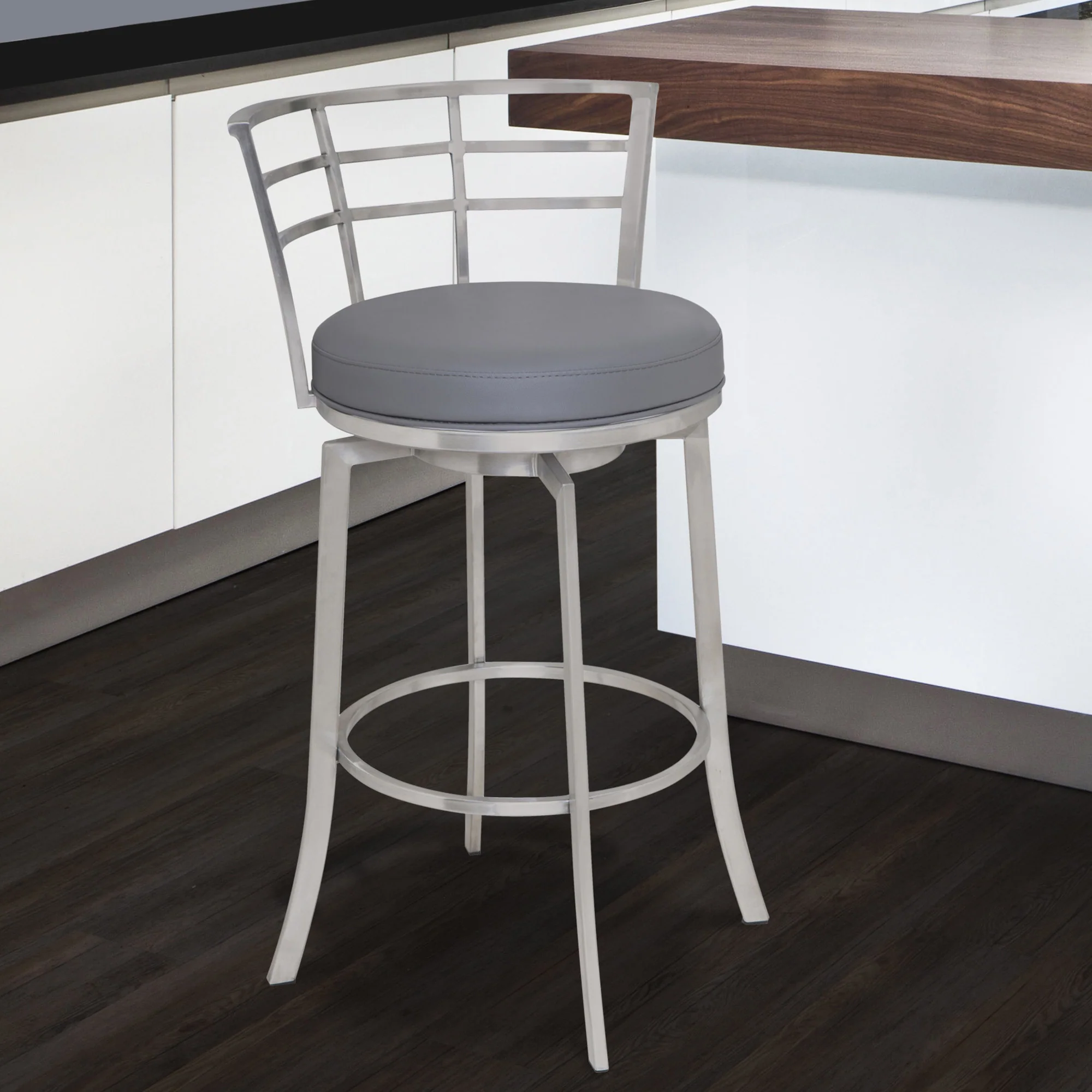 Gray And Silver Faux Leather And Iron Swivel Low Back Counter Height Bar Chair By Homeroots - Image 7