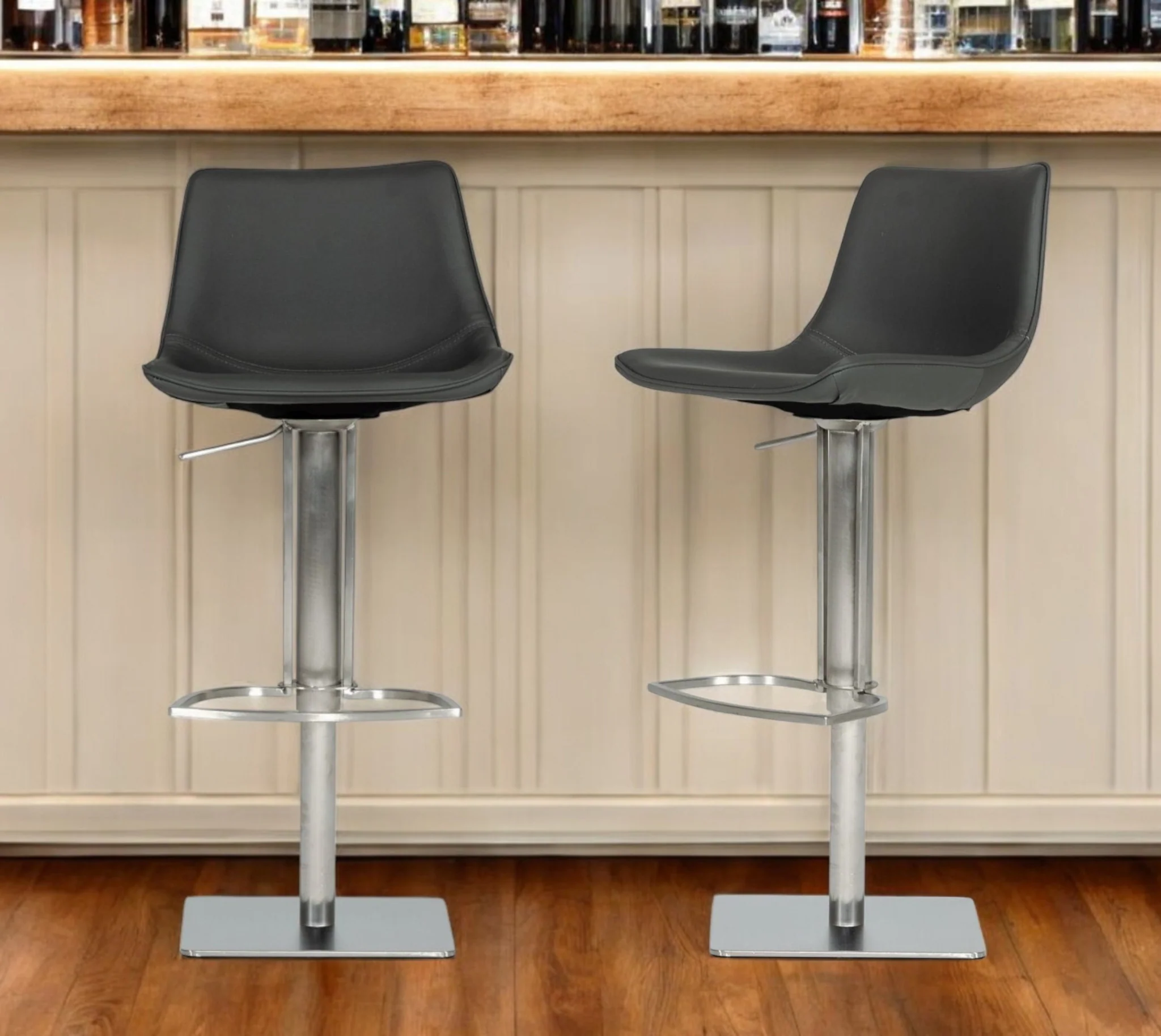 Gray And Silver Faux Leather And Stainless Steel Swivel Low Back Bar Height Bar Chair By Homeroots - Image 2
