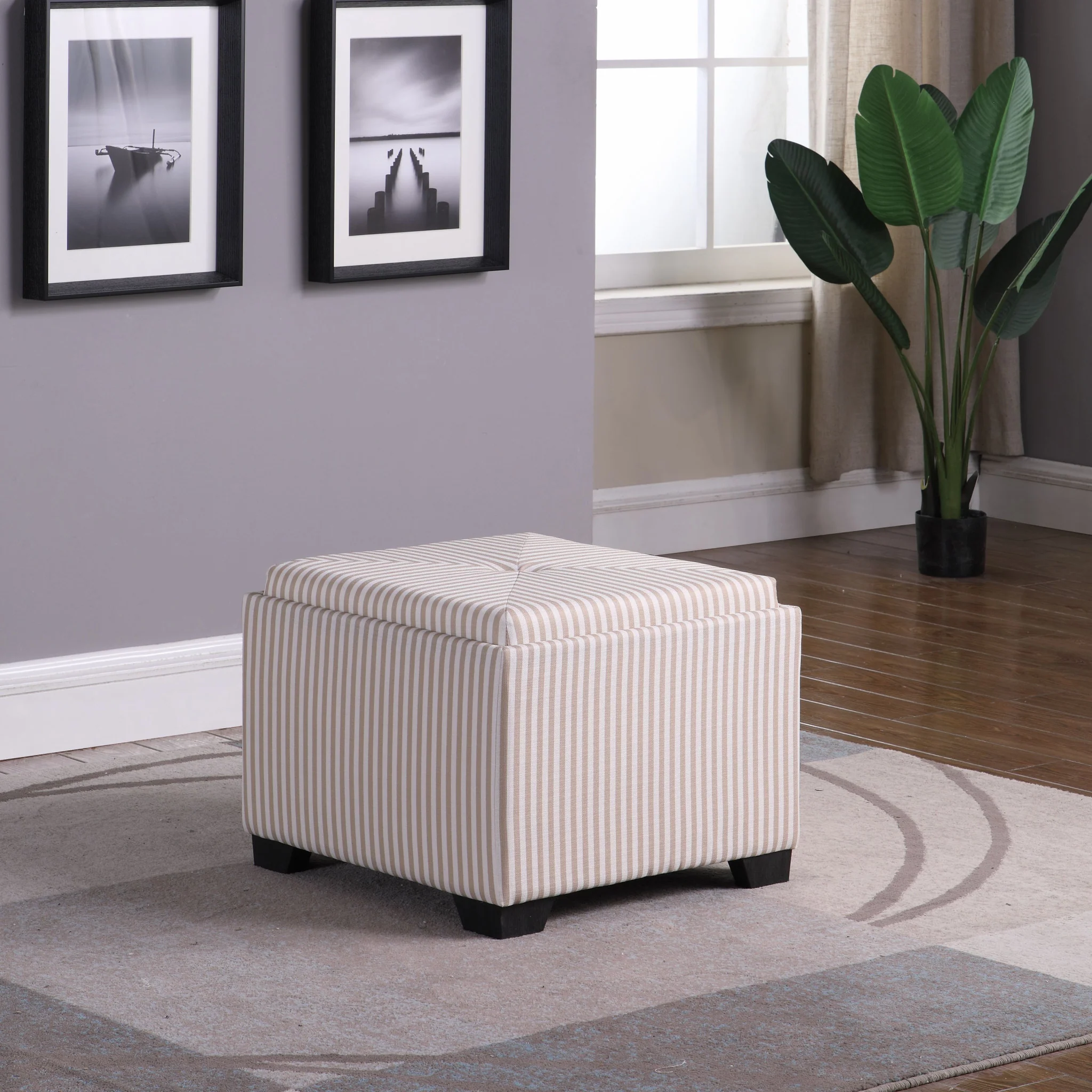 Gray and White Pinstripes Tufted Storage Ottoman By Homeroots - Image 6
