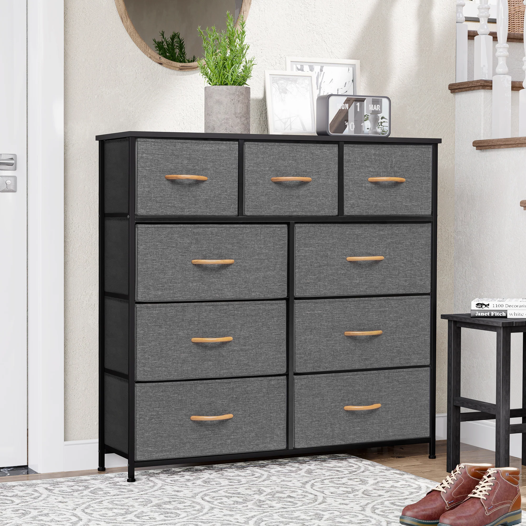 Gray and White Steel and Fabric Nine Drawer Triple Dresser By Homeroots - Image 2