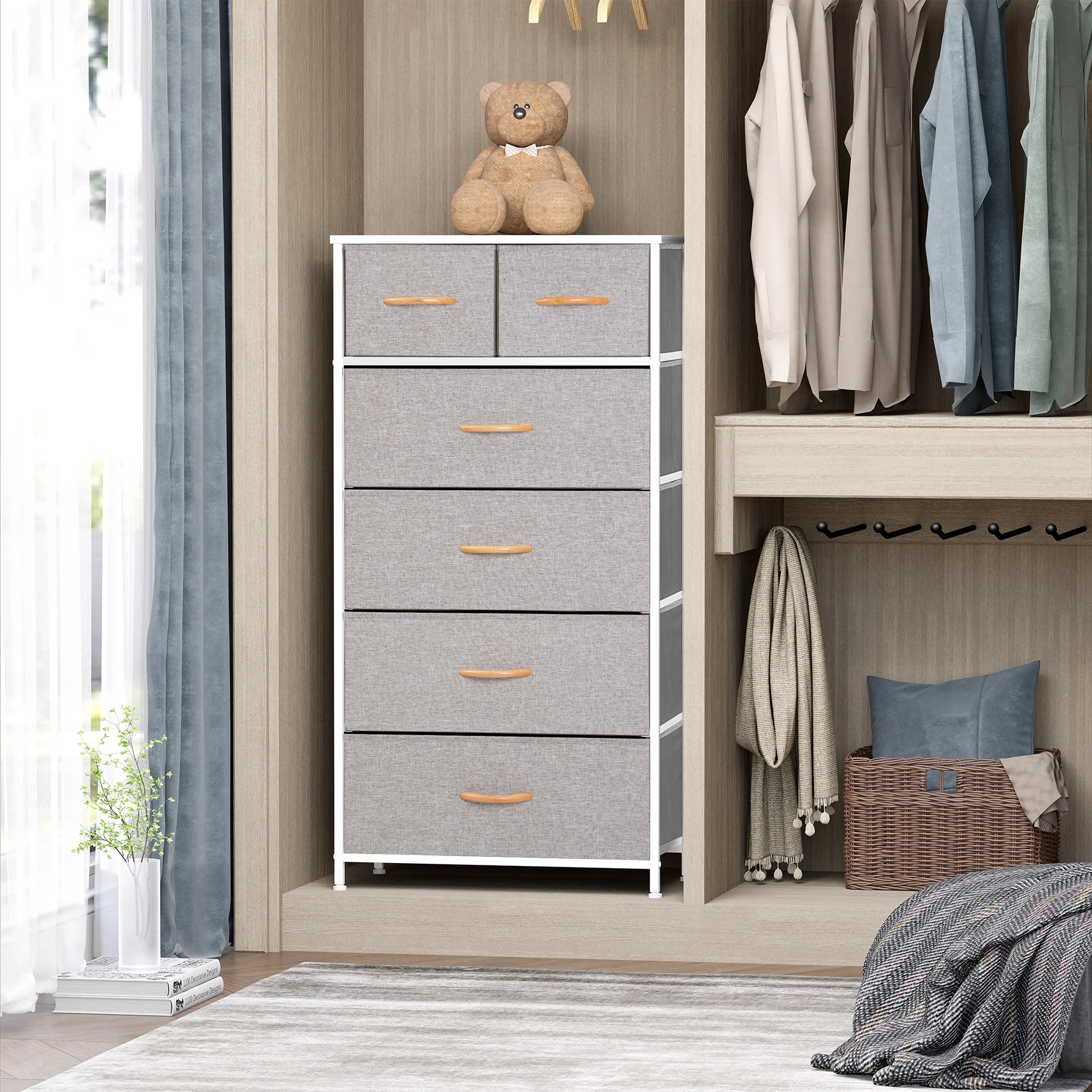 Gray and White Steel and Fabric Six Drawer Chest By Homeroots - Image 3