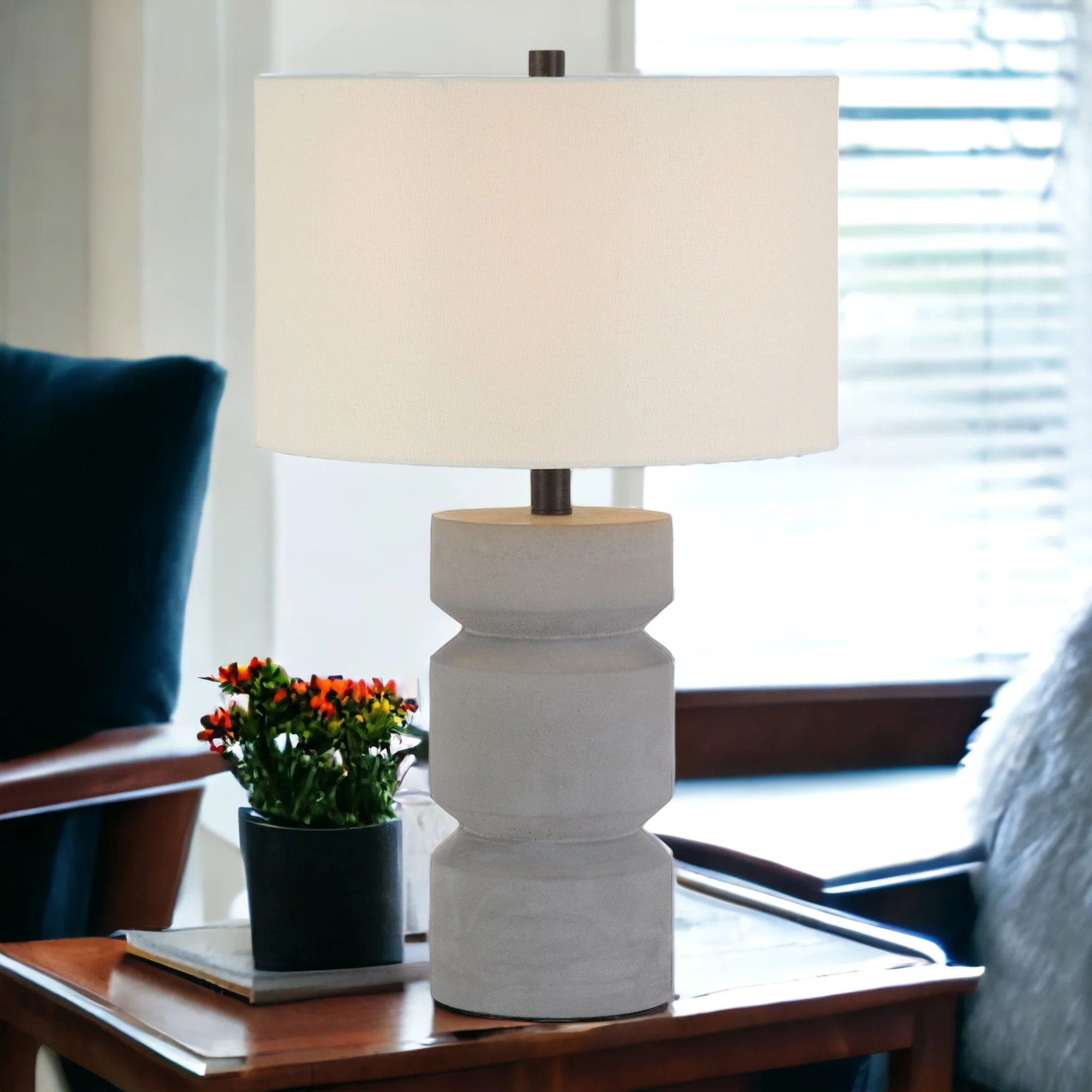 Gray Concrete Faceted Column Table Lamp With White Drum Shade By Homeroots - Image 3