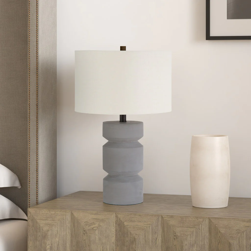 Gray Concrete Faceted Column Table Lamp With White Drum Shade By Homeroots - Image 4