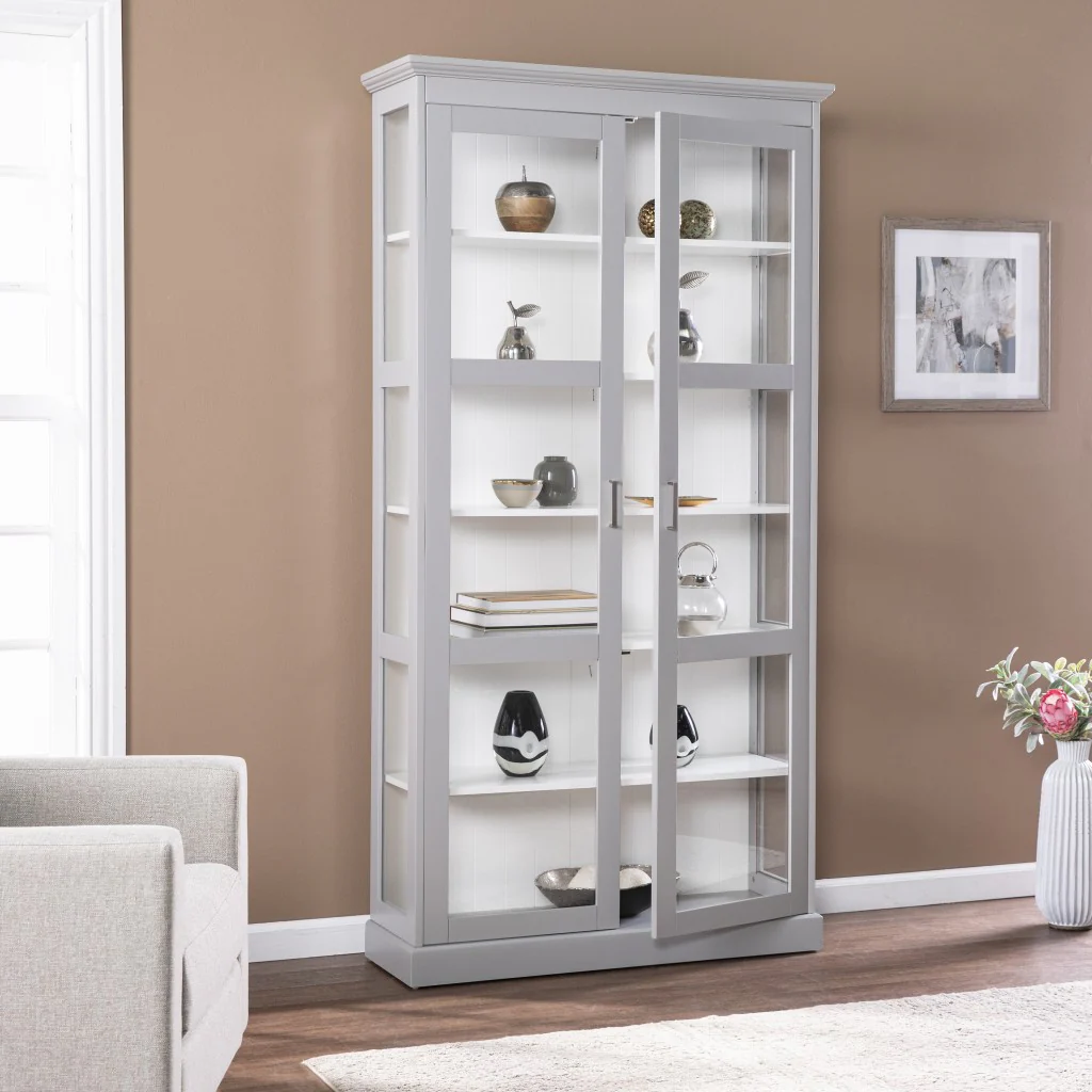 Gray Cornice Molding Double Door Curio Cabinet By Homeroots - Image 3