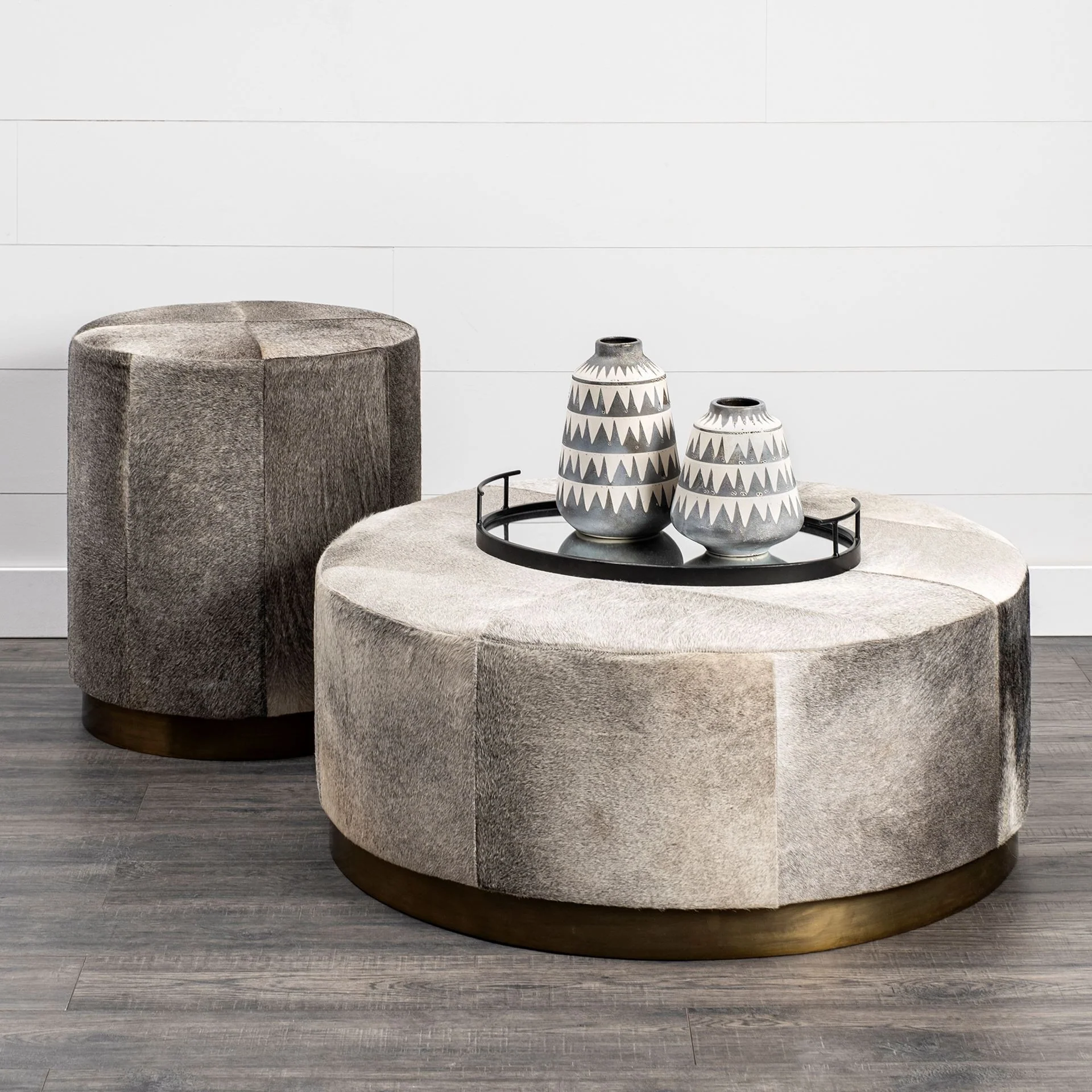 Gray Cowhide Tall Ottoman with Metal Base By Homeroots - Image 9