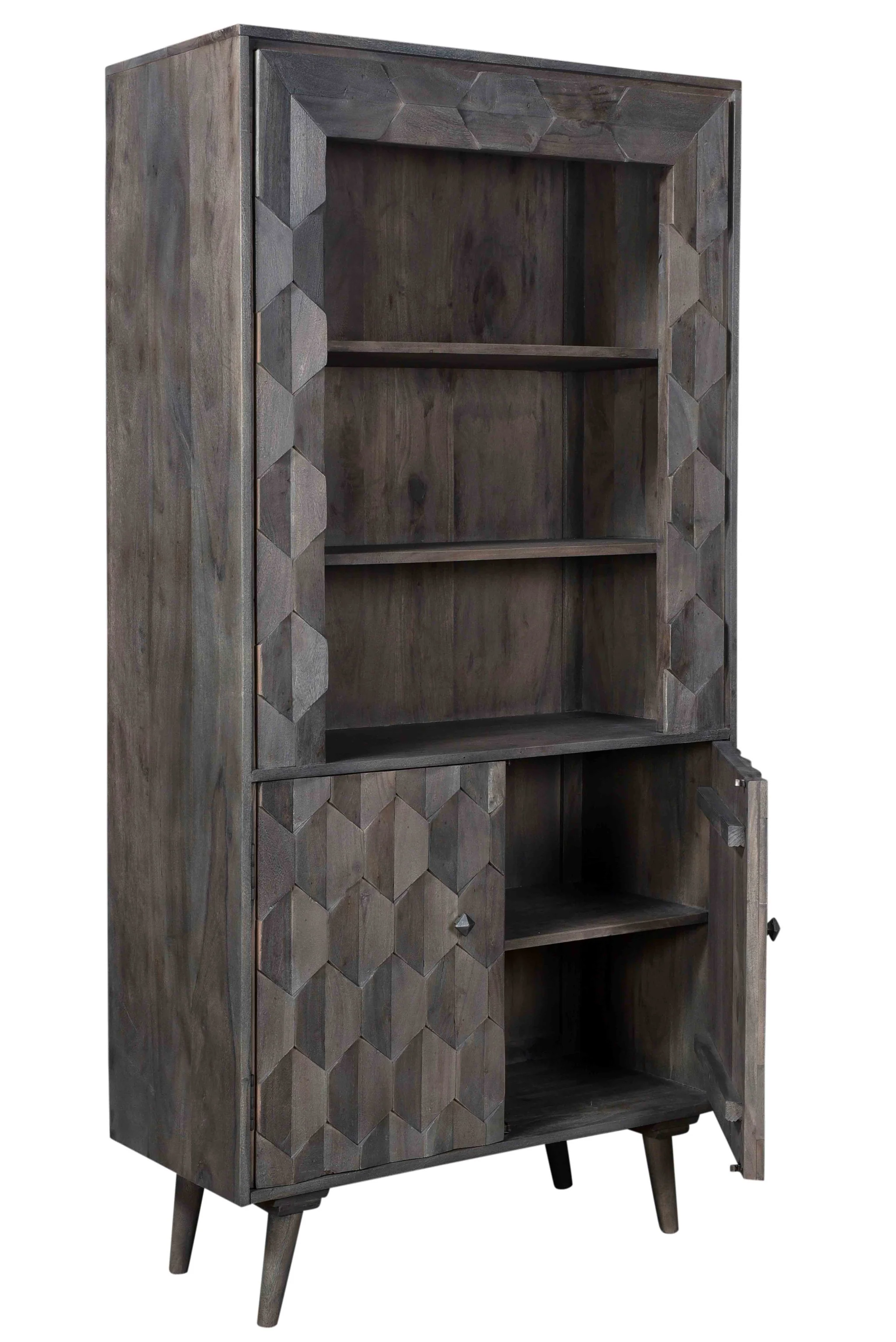 Gray Distressed Solid Wood Three Tier Bookcase with Two Doors By Homeroots - Image 2