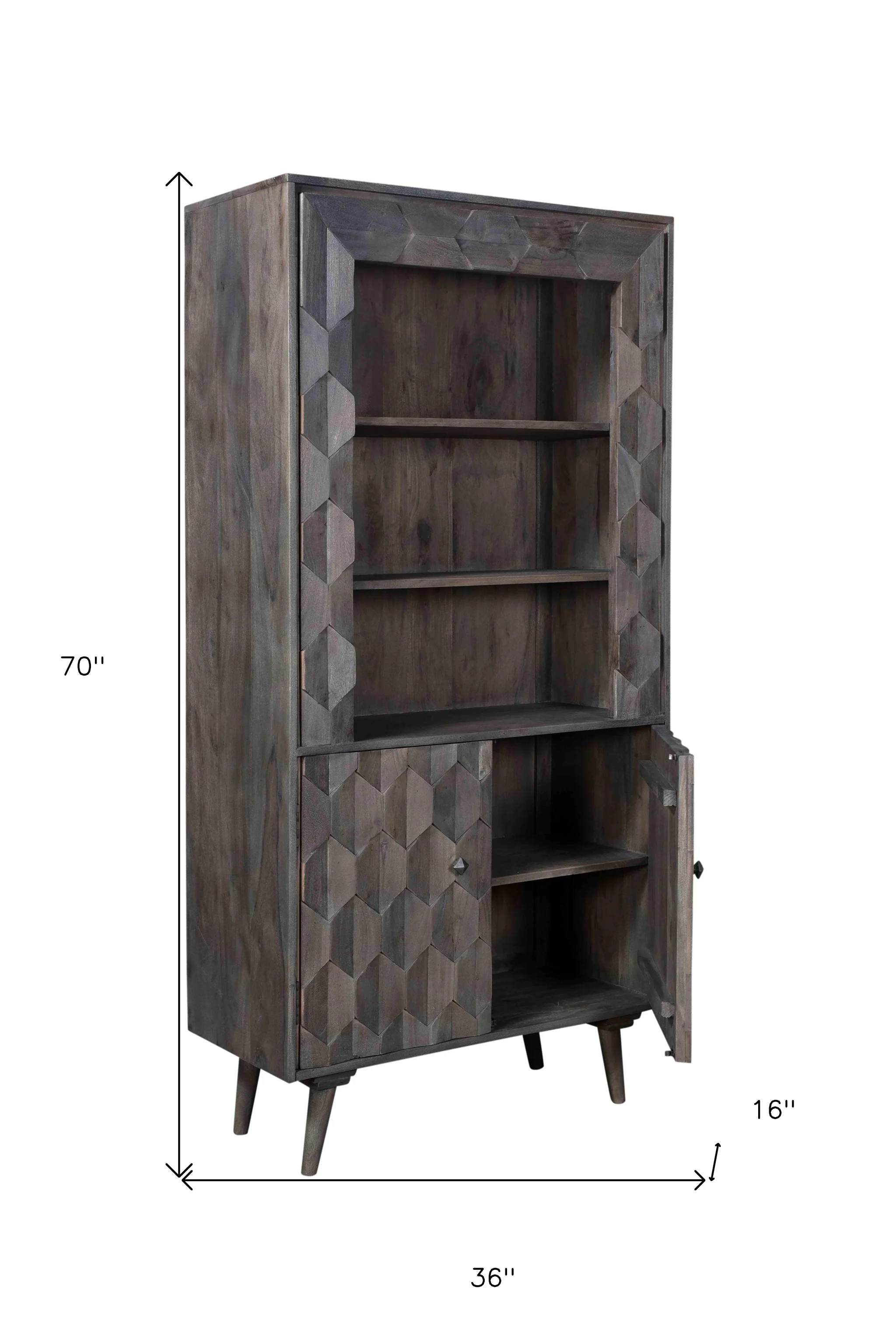Gray Distressed Solid Wood Three Tier Bookcase with Two Doors By Homeroots - Image 6