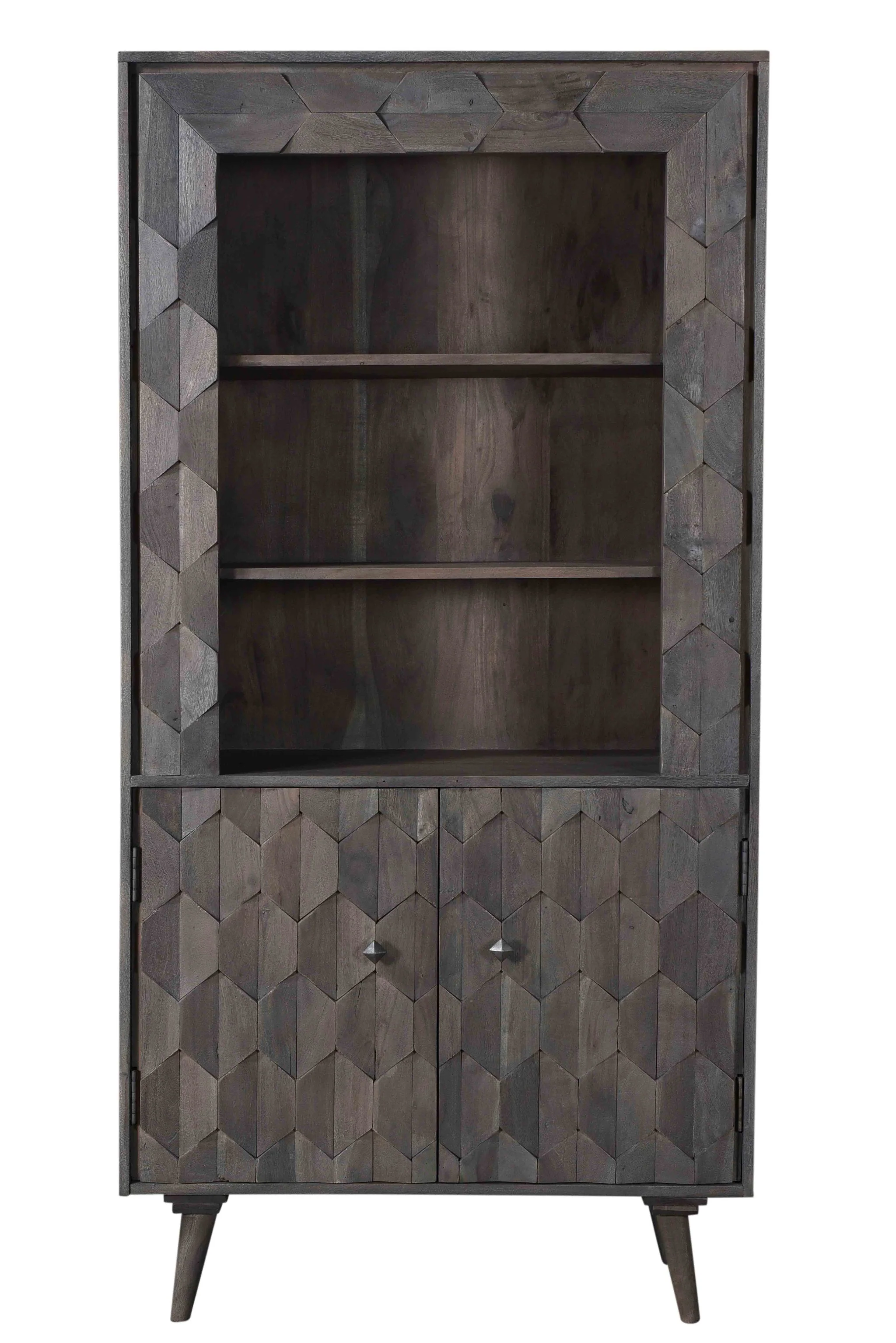 Gray Distressed Solid Wood Three Tier Bookcase with Two Doors By Homeroots - Image 7