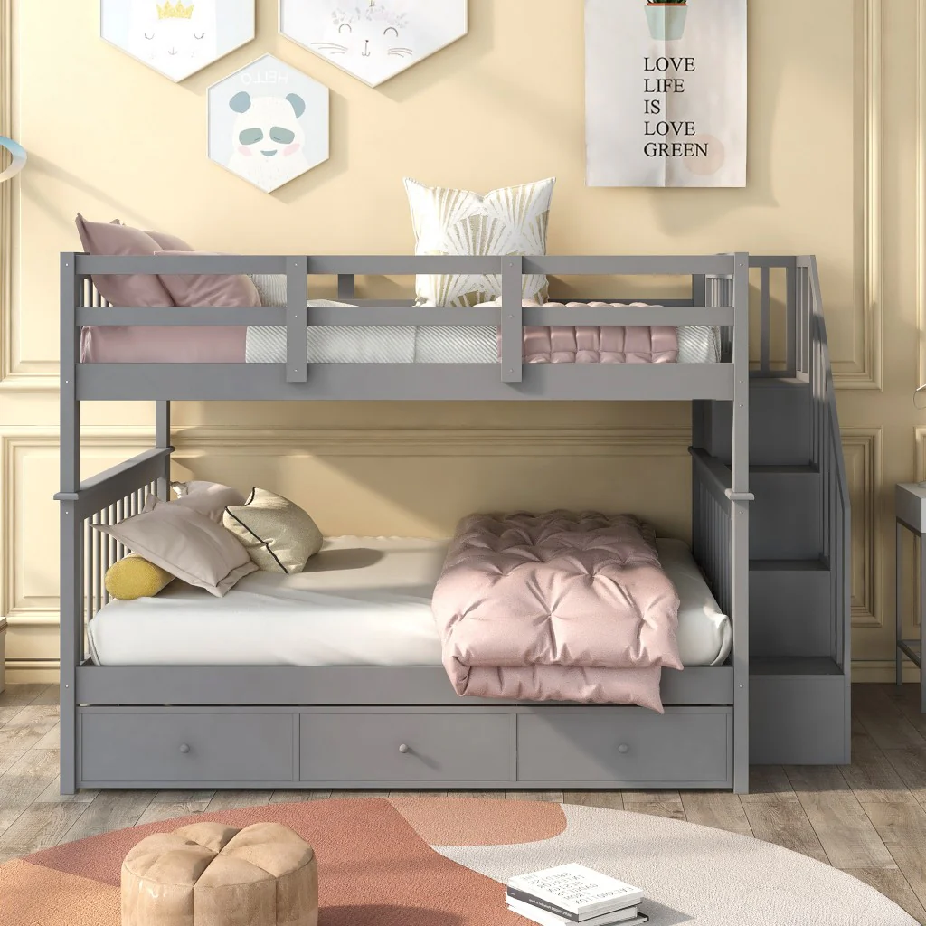 Gray Double Full Size Stairway Bunk Bed With Drawer By Homeroots - Image 2
