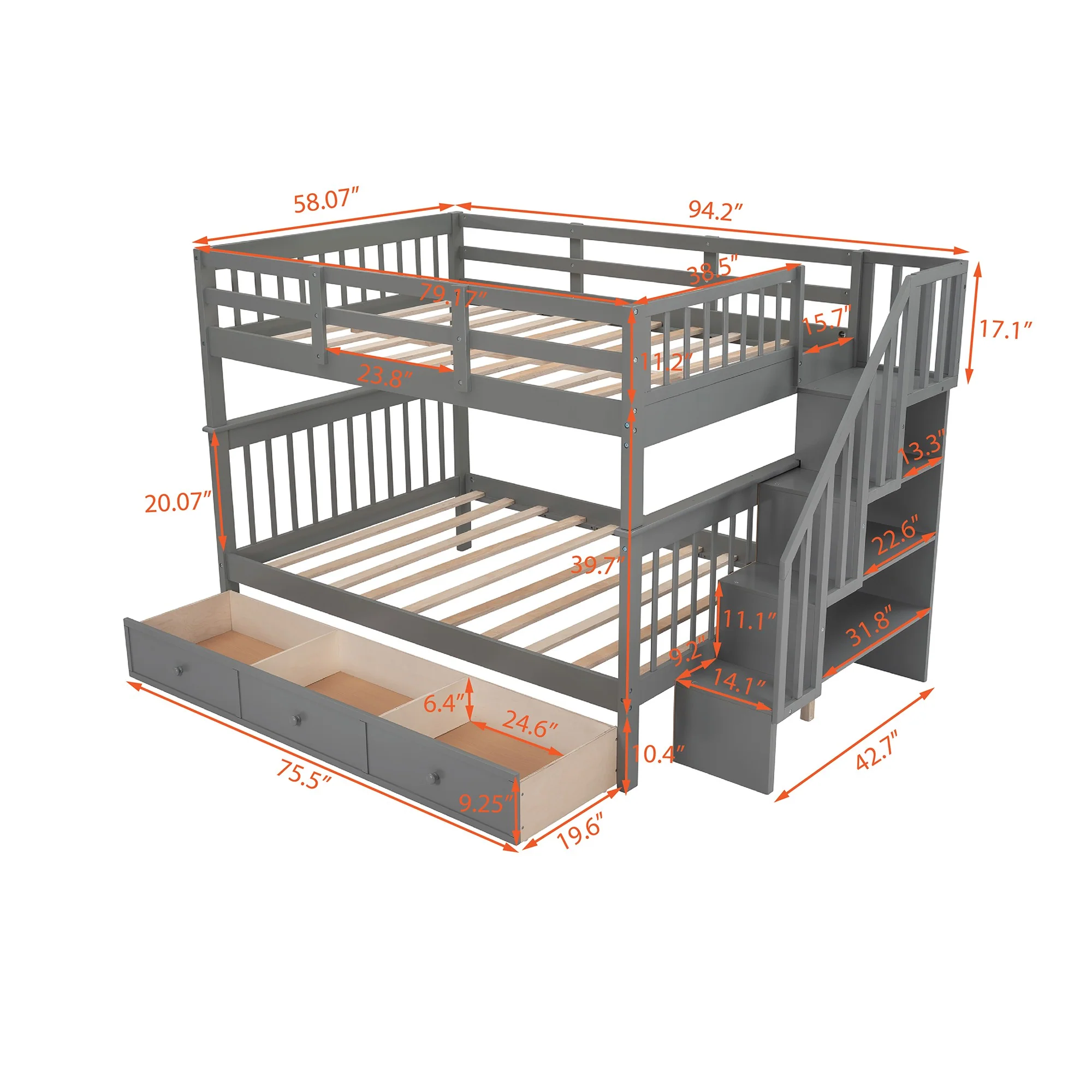 Gray Double Full Size Stairway Bunk Bed With Drawer By Homeroots - Image 7