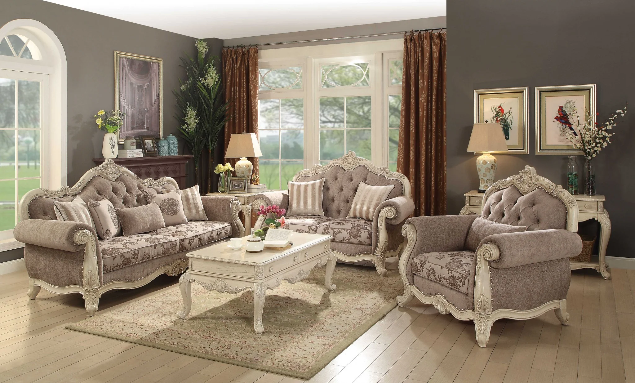 Gray Fabric Antique White Upholstery Poly Resin Sofa w Pillows By Homeroots - Image 2
