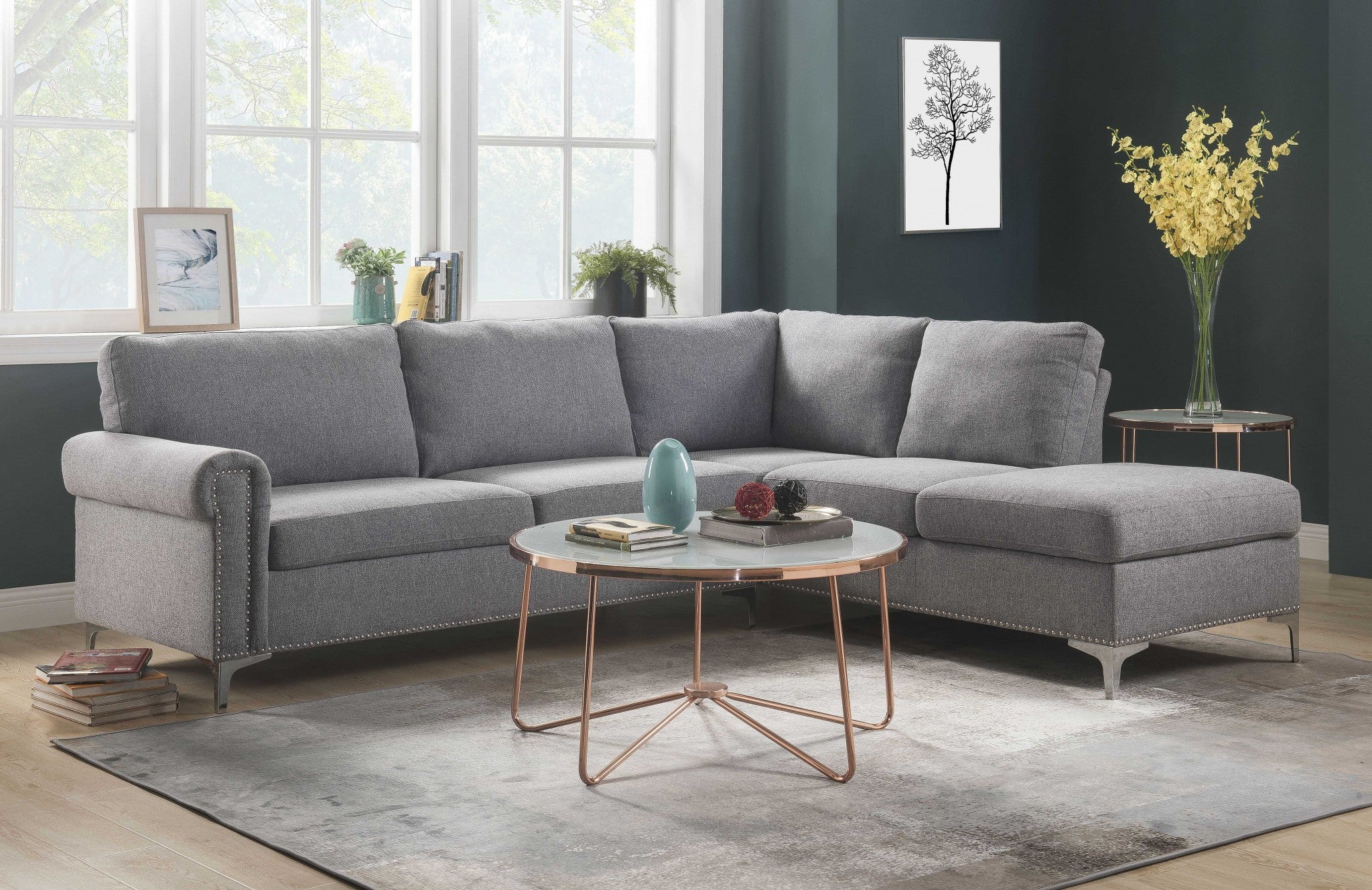 Gray Fabric Upholstery Metal Leg Sectional Sofa By Homeroots - Image 2