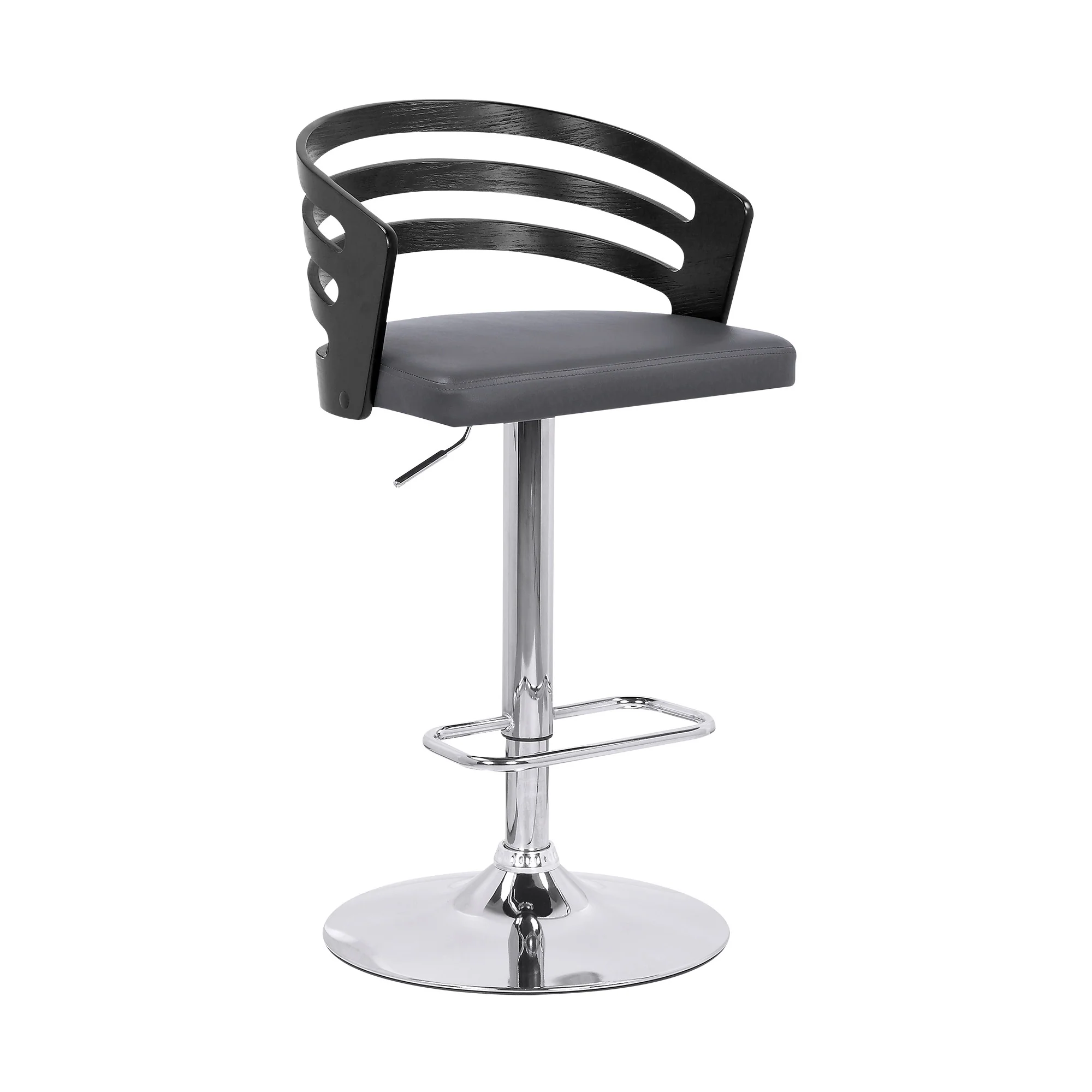 Gray Faux Leather Black Wood and Chrome Adjustable Swivel Bar Stool By Homeroots - Image 2