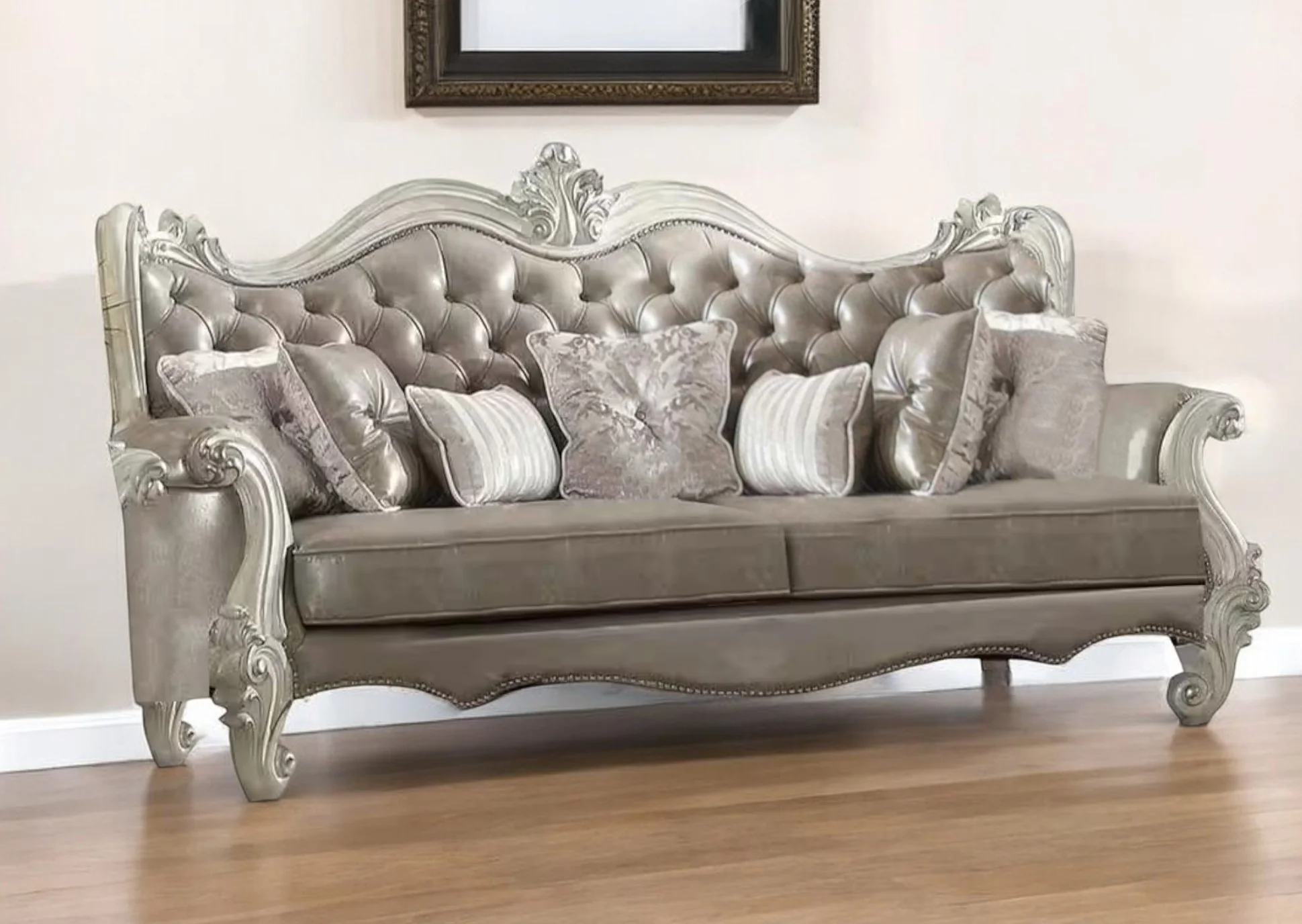 Gray Faux Leather Curved Sofa And Toss Pillows With Bone Legs By Homeroots - Image 2