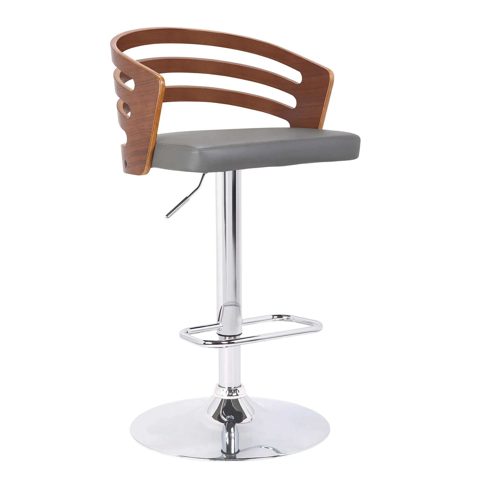 Gray Faux Leather Walnut Wood and Chrome Adjustable Swivel Bar Stool By Homeroots - Image 2