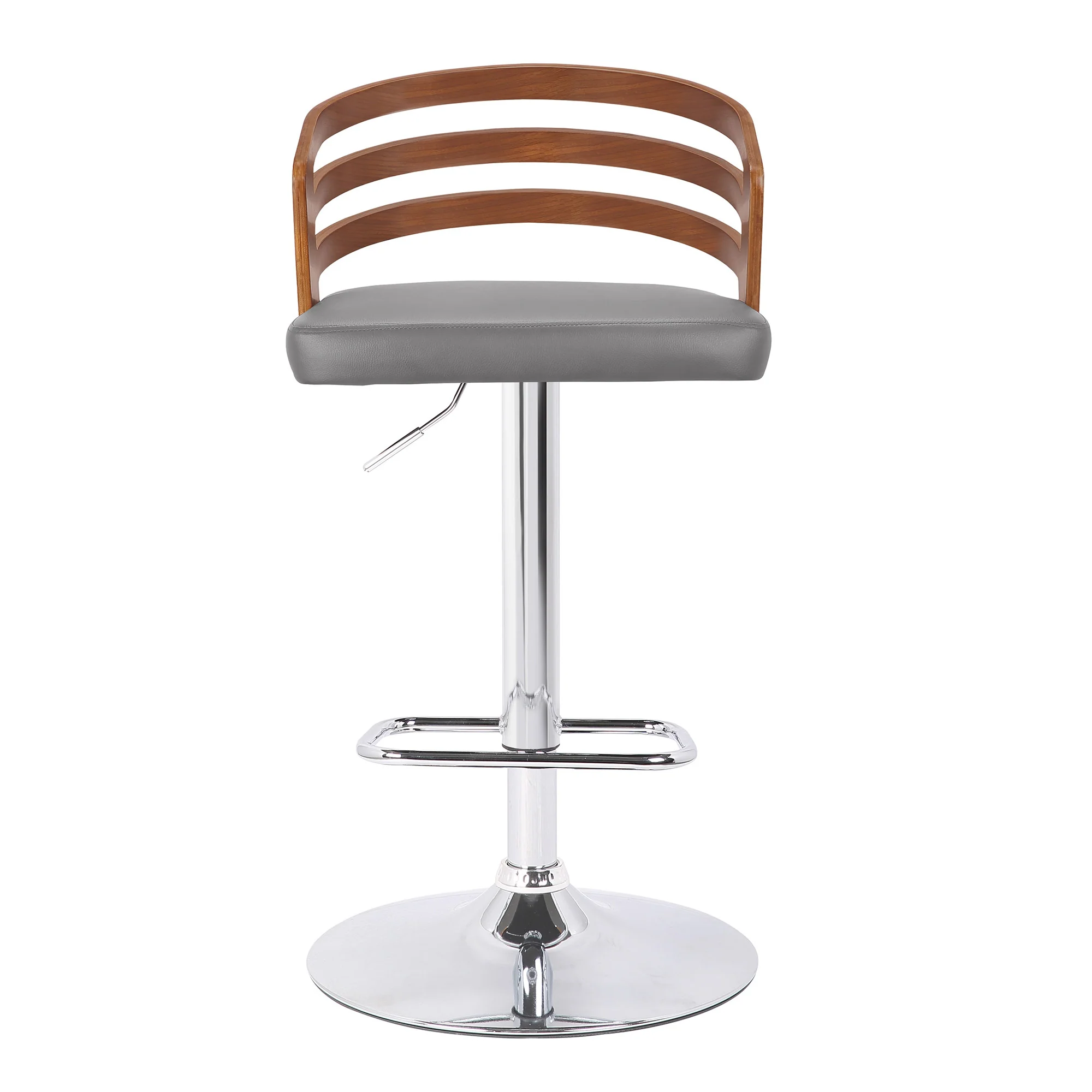 Gray Faux Leather Walnut Wood and Chrome Adjustable Swivel Bar Stool By Homeroots - Image 3