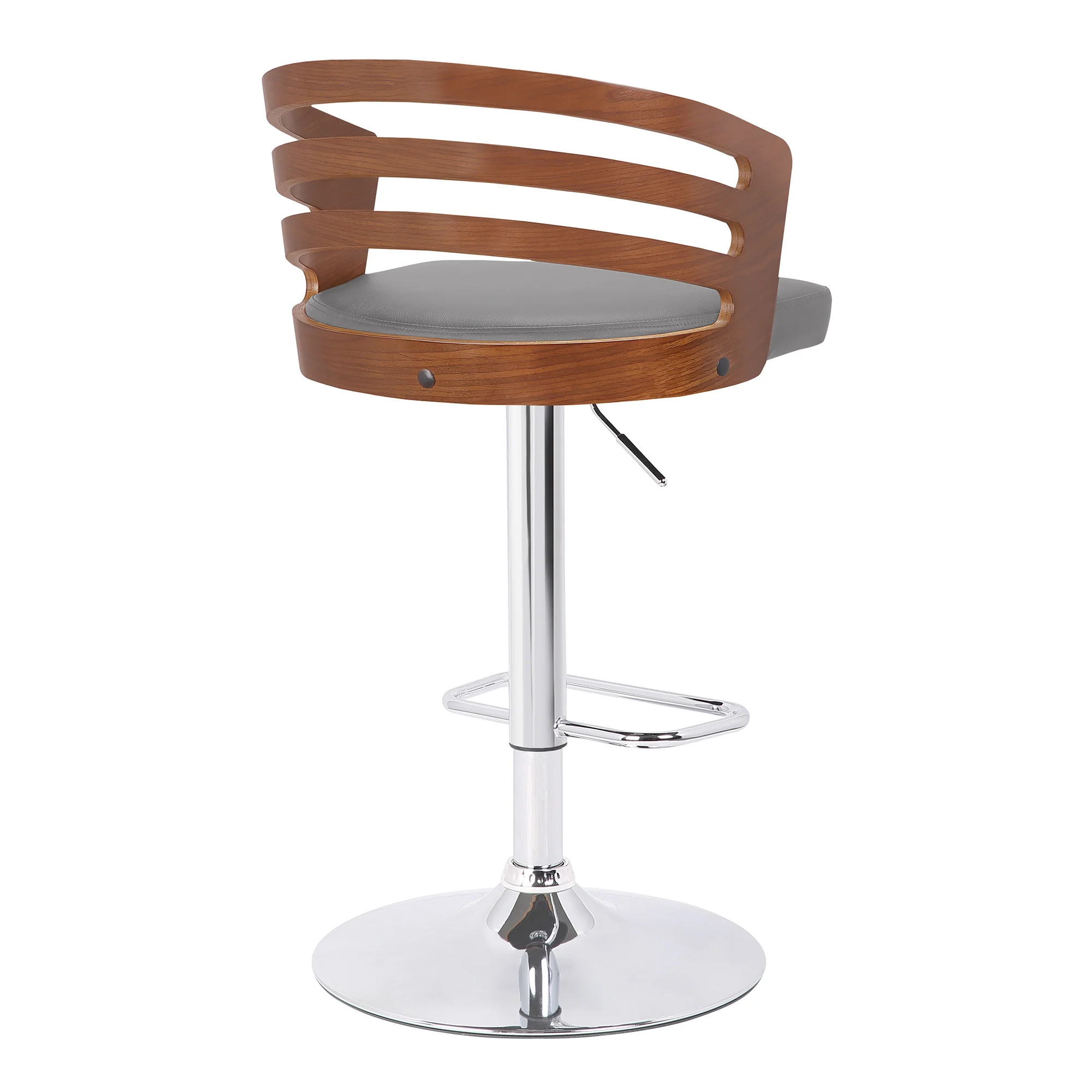 Gray Faux Leather Walnut Wood and Chrome Adjustable Swivel Bar Stool By Homeroots - Image 4