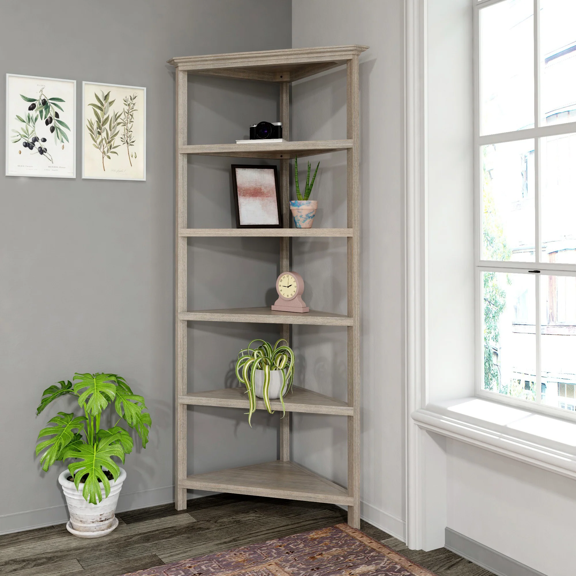 Gray Five Tier Solid Wood Corner Bookcase By Homeroots - Image 4