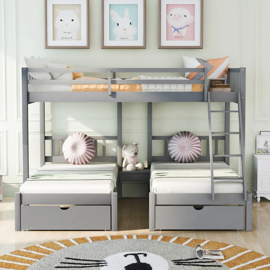 Gray Full Over Double Twin Triple Bunk Beds With Drawers By Homeroots - Image 2